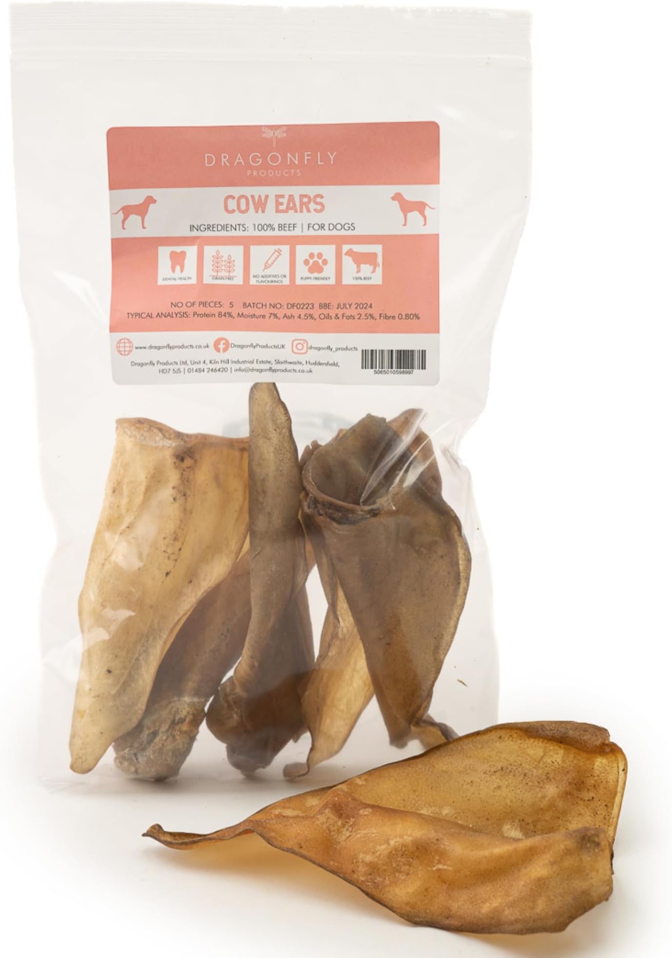 Dragonfly Products, Natural Cow Ears for Dogs, Long Lasting Low Fat Chew Treats, Grain Free and Gluten Free, Air Dried in the EU (25pcs)
