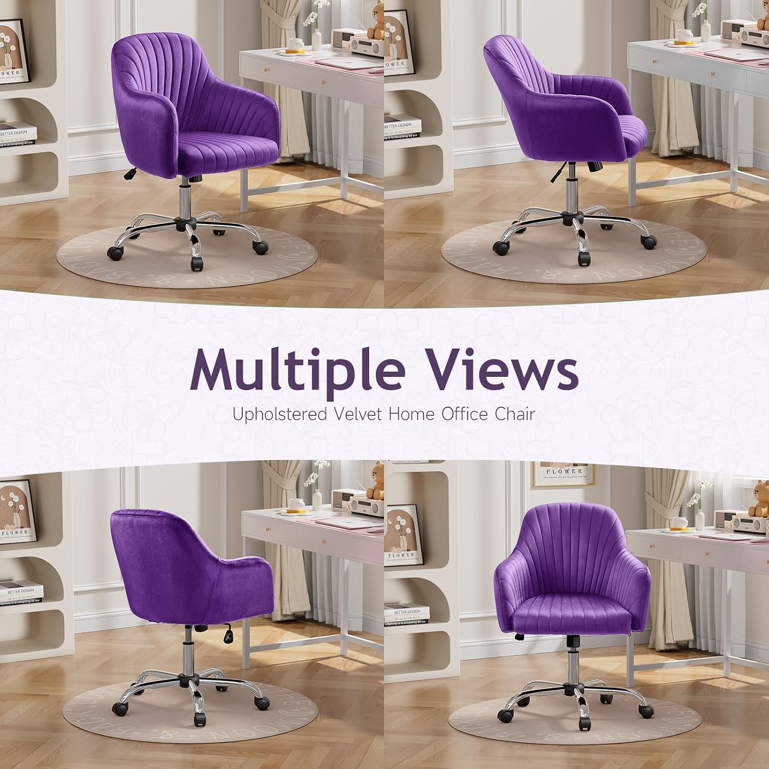 Warmiehomy Vanity Chair, Velvet Home Office Desk Chairs, Comfy Ergonomic Office Chair, Makeup Computer Chair with Arm Rest, Velvet Plum Purple