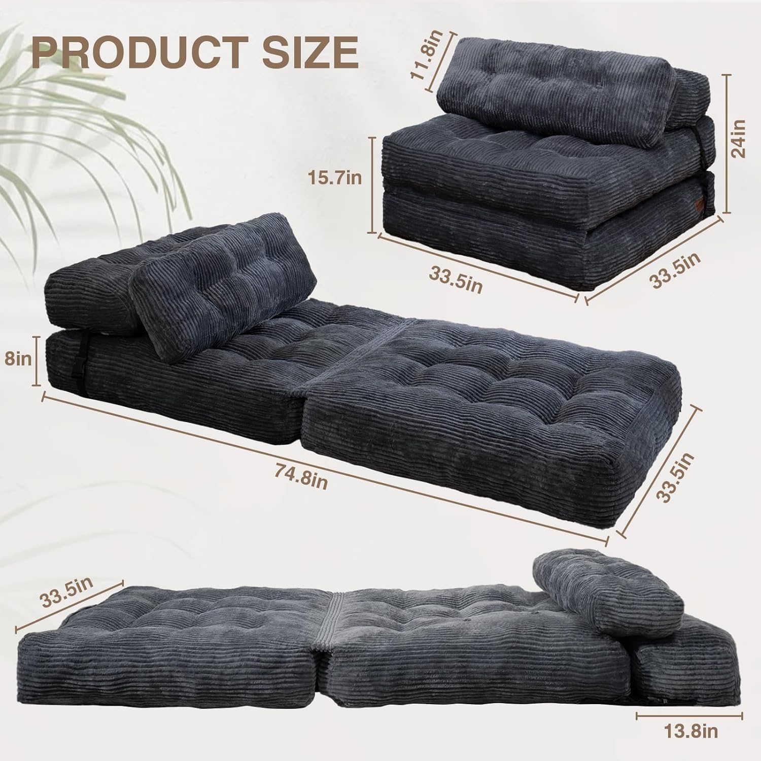 TFK Folding Sofa Bed, Folding Chair Bed with Pillow, Convertible Lazy Sofa Bed with High-Density Support Foam, Fold Out Chair for Small Spaces Living Room Bedroom, Dark Grey Dark Grey Single