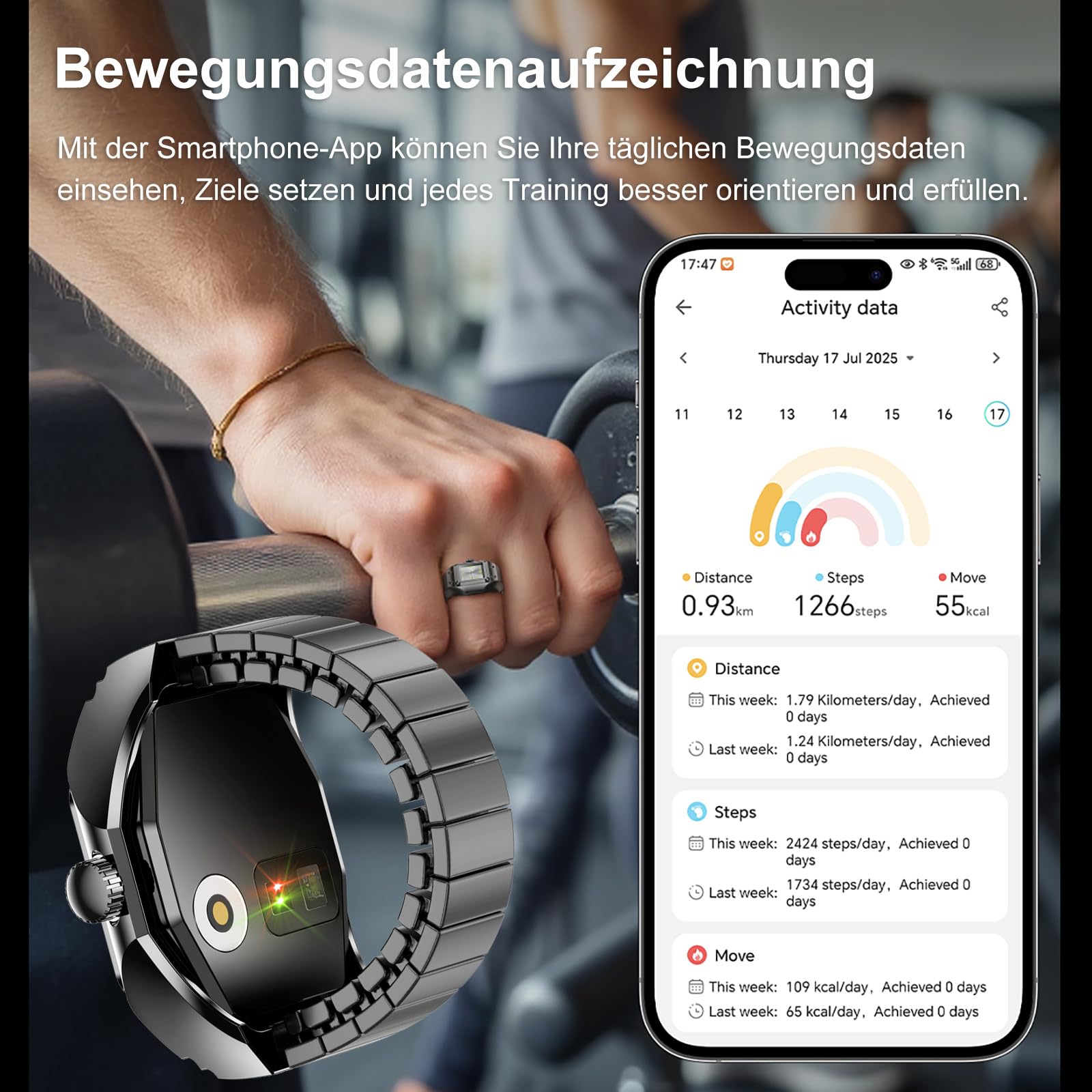 Smart Ring - Anello da uomo e da donna, analogico, al quarzo, per il fitness, per il fitness, per il fitness, per la frequenza cardiaca, contapassi, per il sonno, per il fitness, elastico, in metallo