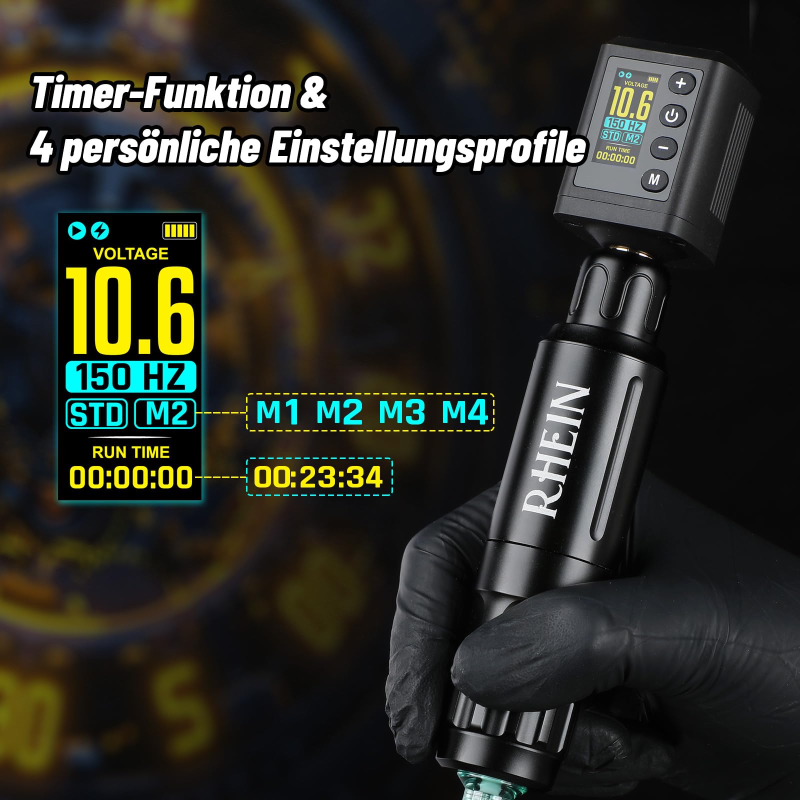 RHEIN Tattoo Maschine Set mit 1600mAh Mini Akku 4 Memory-Modi STD/NPS | 10 Tattoo Nadeln 7 Tattoo Farbe Komplettes Tattoo Zubehör Set