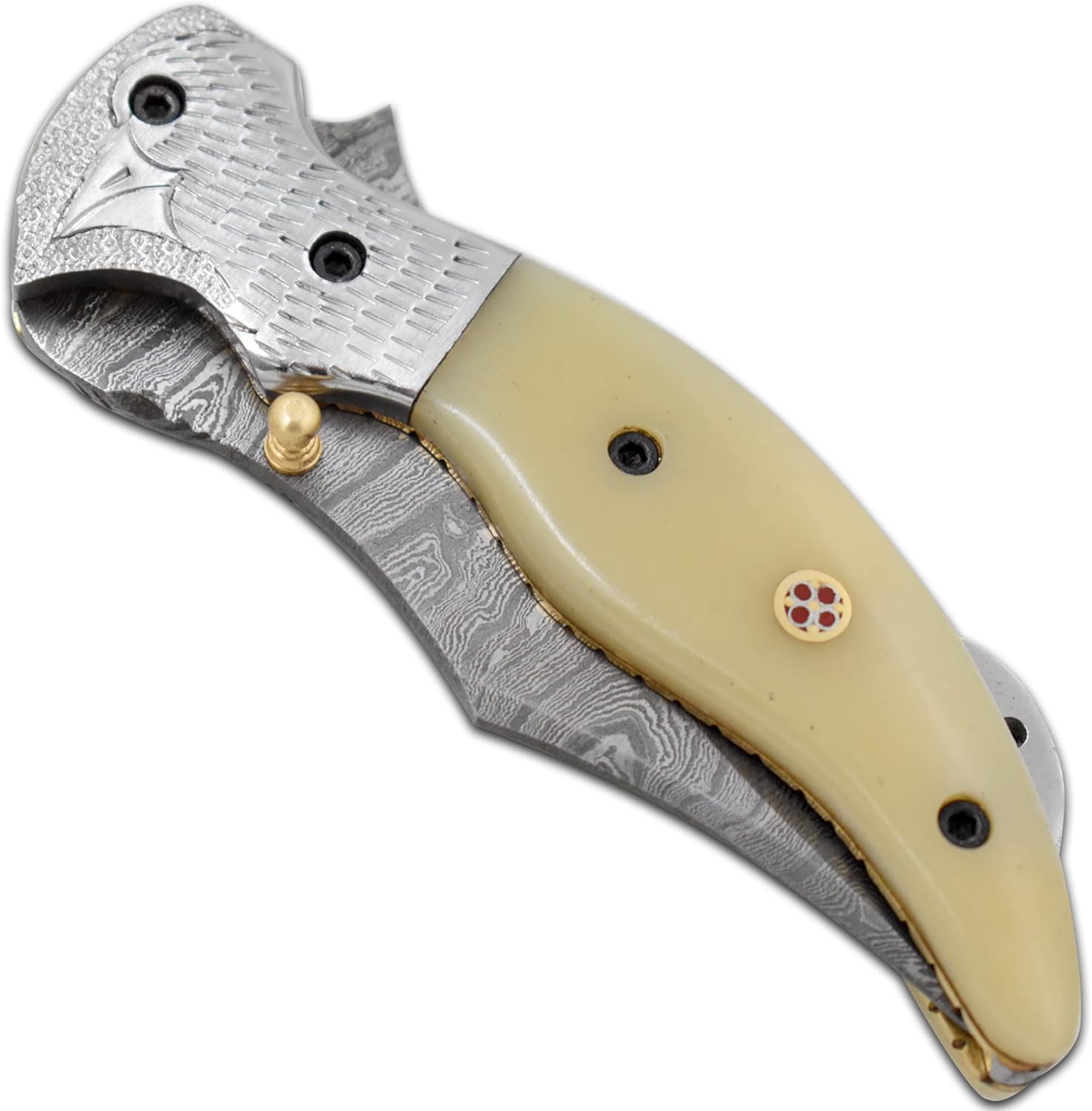 Wild Turkey Handmade Real Damascus Steel Manual Folding Pocket Knife Comes With Leather Sheath