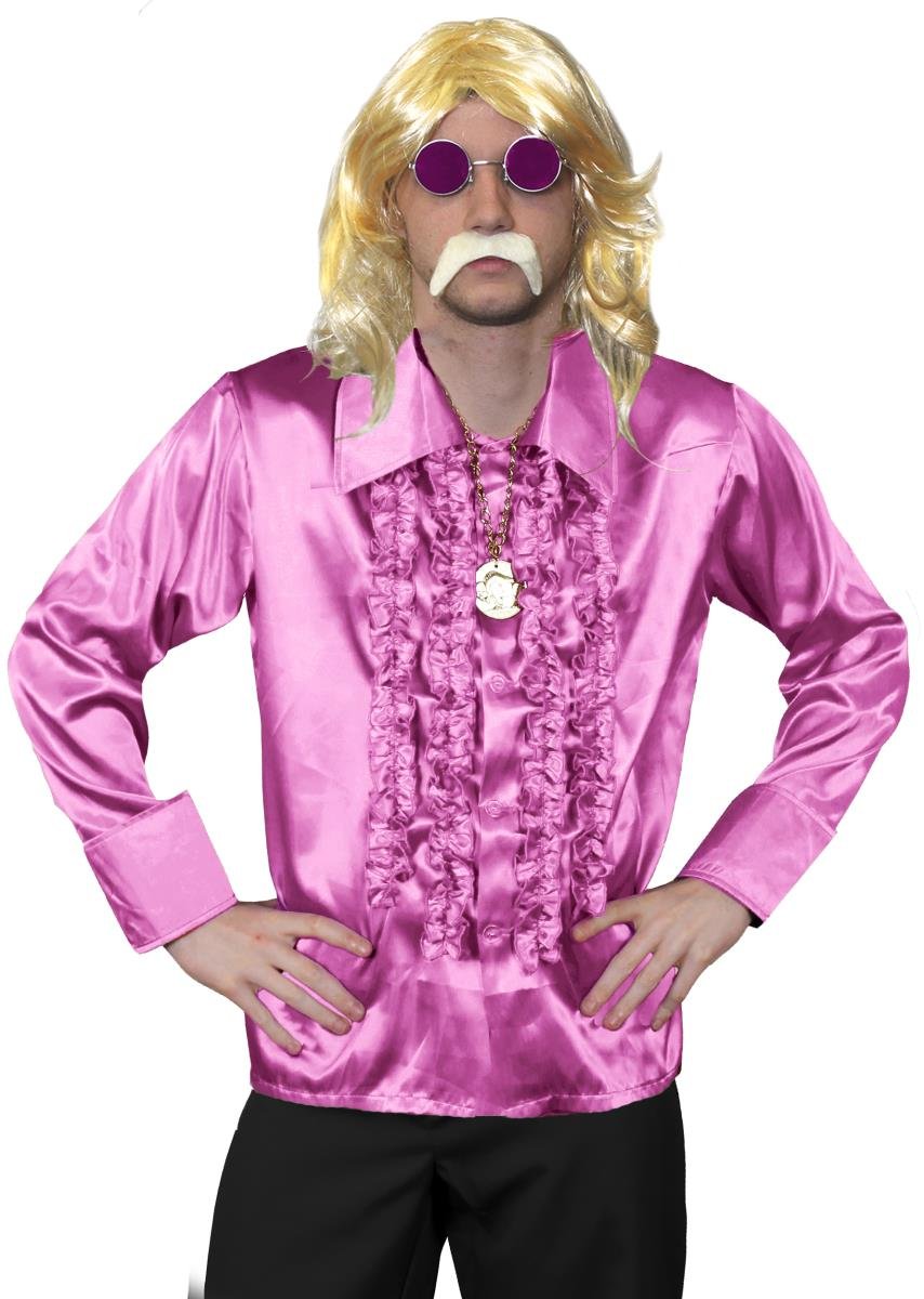 MENS 70S DISCO FANCY DRESS COSTUME - MENS LONG BLONDE WIG, PINK DISCO SHIRT, GOLD MEDALLION, PINK COLOURED GLASSES + BLONDE MOUSTACHE - FUNKY FANCY DRESS COSTUME - PINK SHIRT (SMALL)