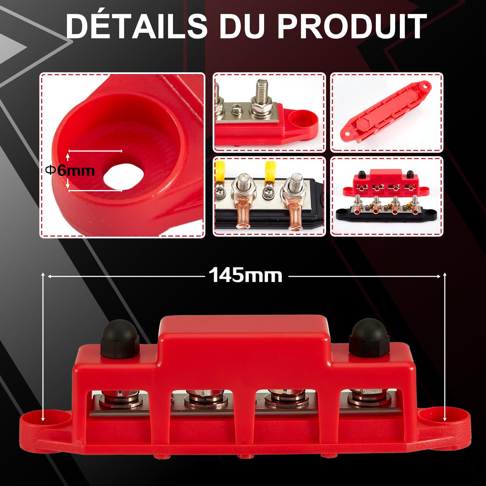 Pindex - Bloc de distribution M8 - 250 A CC - 12 V-48 V - 4 Boulons M8 - Rouge + noir - Plastique - Montage en surface - 4 Contacts - Vis - Pour camping-car, bateau, yacht, voiture, camion
