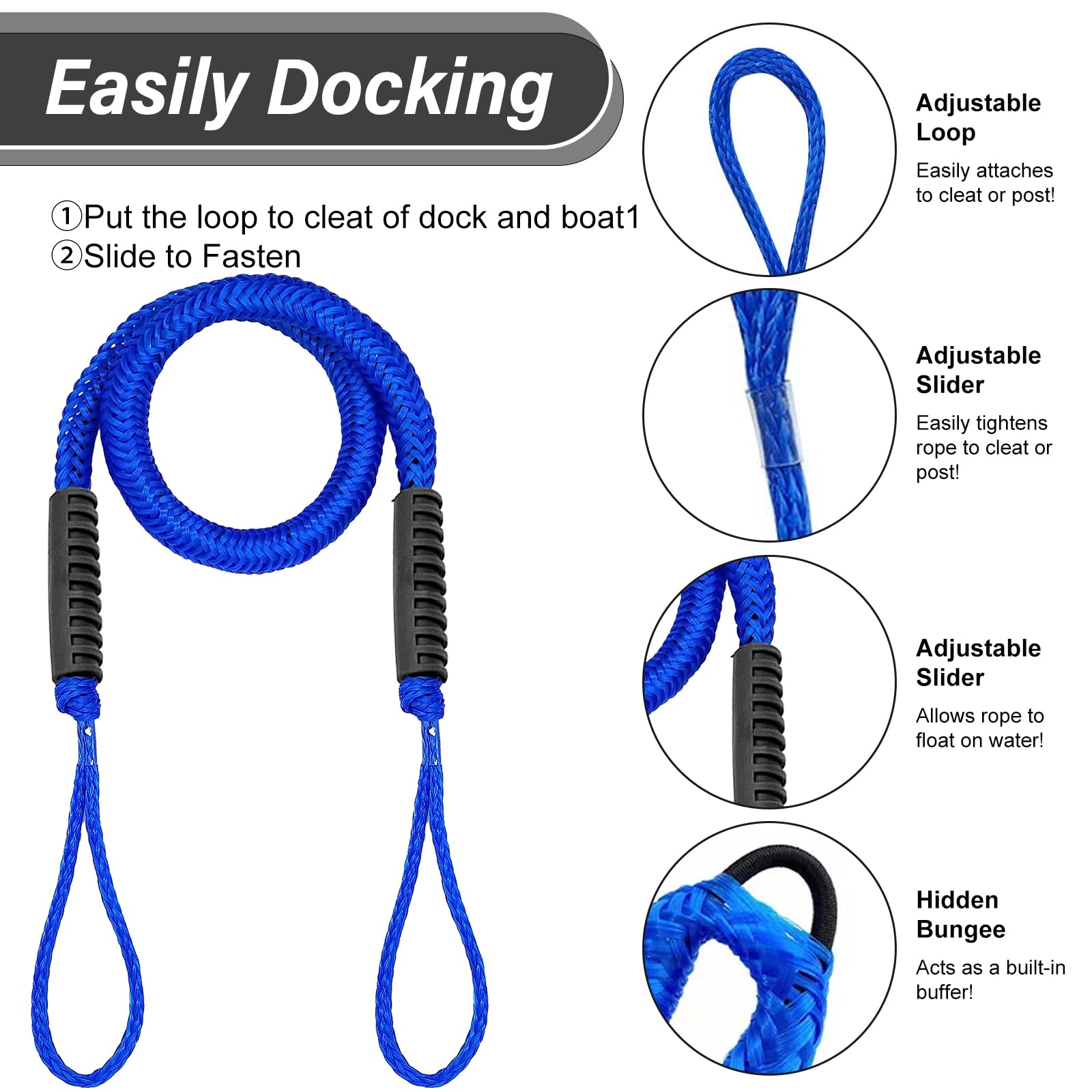 PORFOYO 2 pièces de corde de fixation, corde Bungee de 120 cm, corde de fixation pour bateaux et jetées, accessoires de bateau pour kayak, jet ski, ponton, canoë (Bleu)