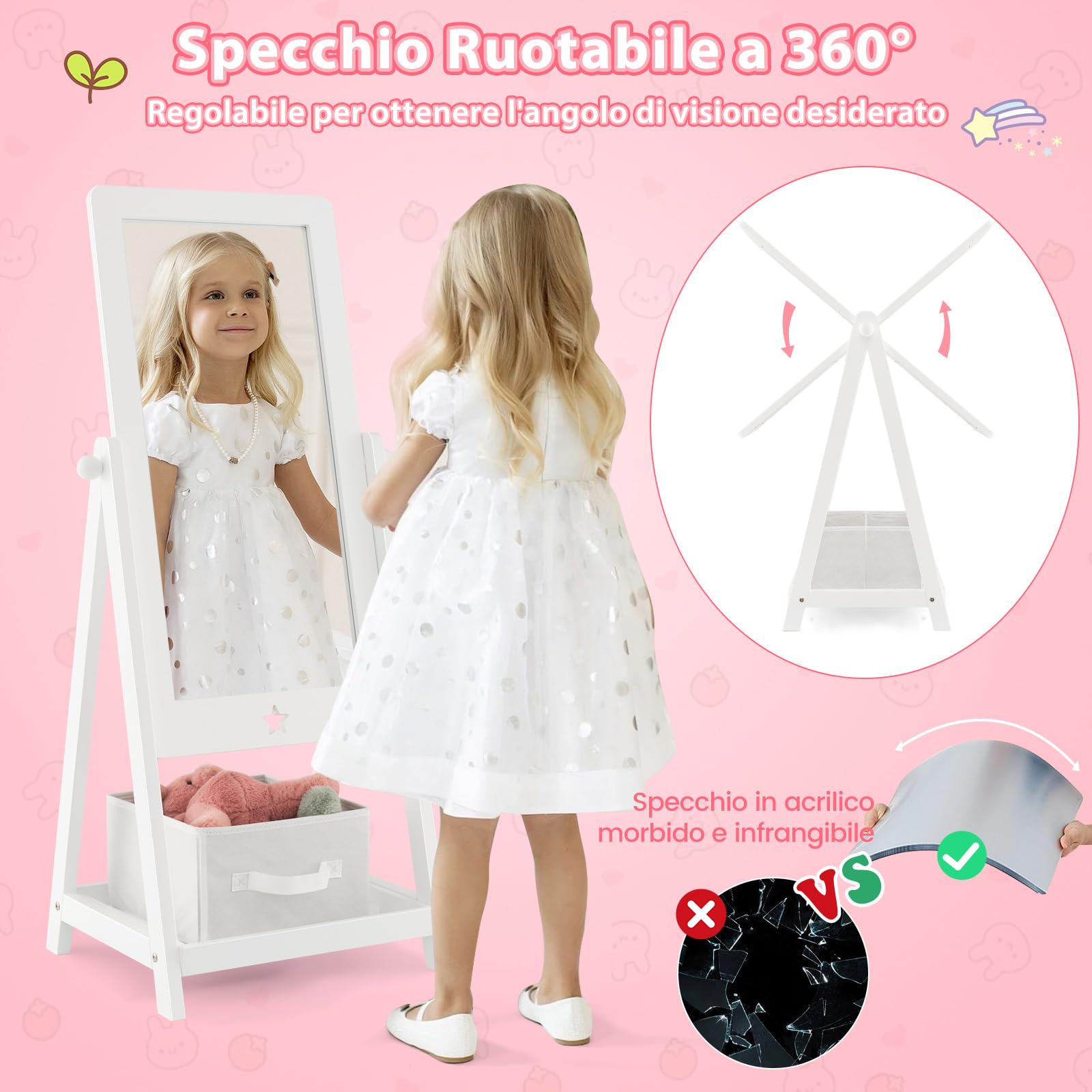 COSTWAY Specchio da Terra per Bambini in Legno con Scaffale Contenitore, Specchio per Cameretta Girevole con Cesto Ripiegabile, 45 x 40 x 112 cm, Bianco