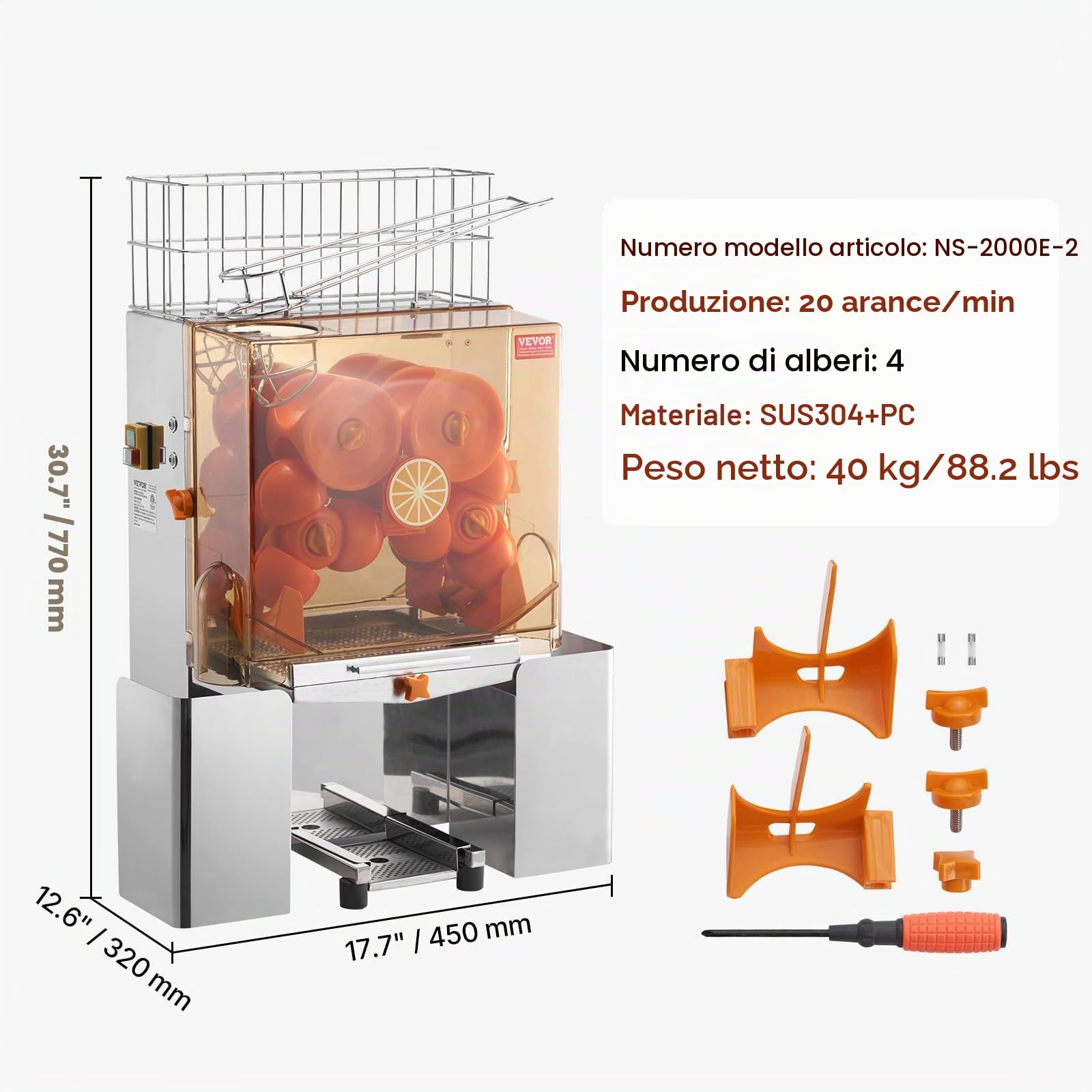 VEVOR Spremiagrumi Elettrico Commerciale 120 W, Estrattore di Succo Alimentazione Automatica con Filtro Estraibile e Secchio Raccolta Buccia per Pompelmo Arancia da Ristorante Caffetteria Bar Feste