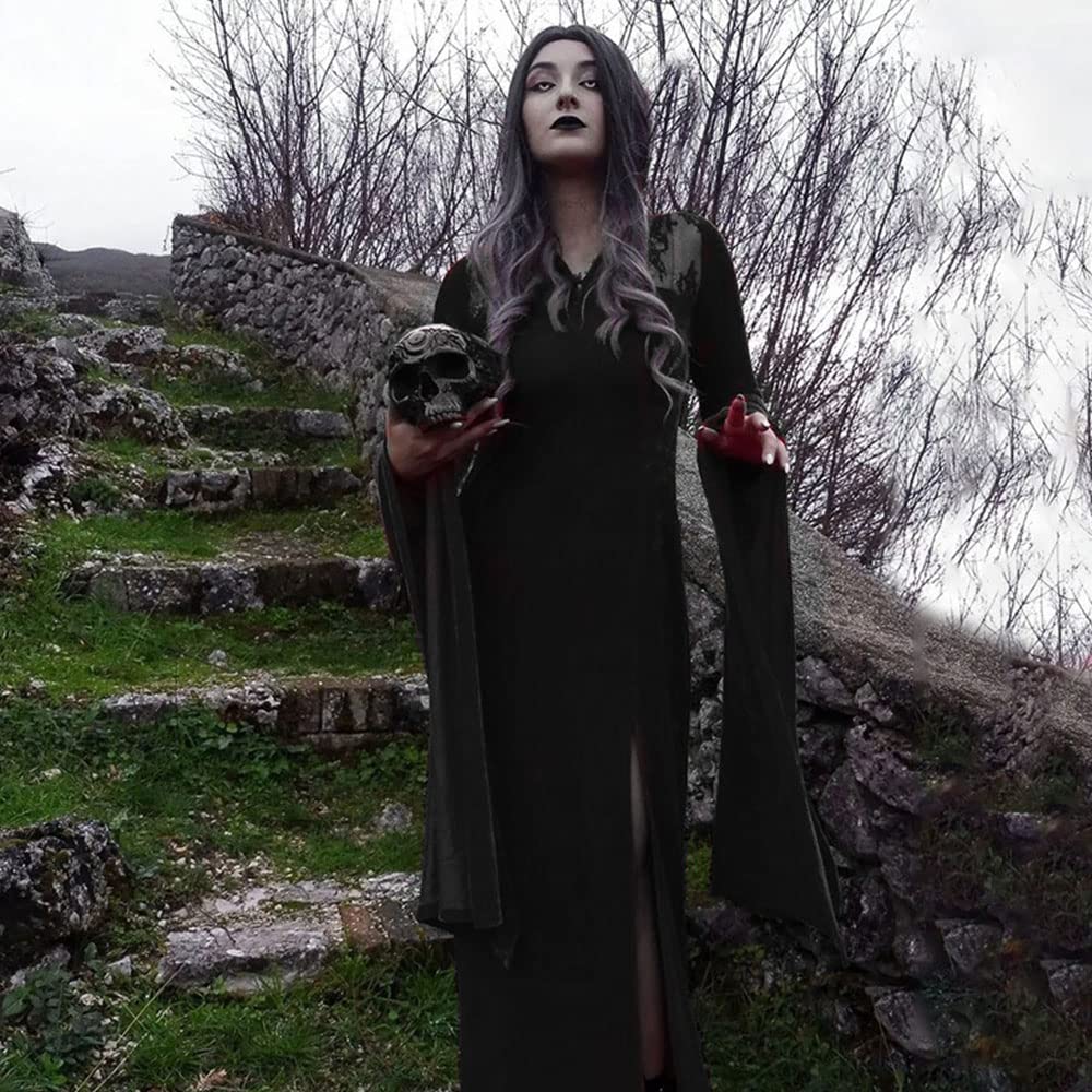 Robe longue sexy fendue en dentelle à manches longues évasées sirène col haut pour Halloween, gothique, sorcière, cosplay | Robe fendue sexy