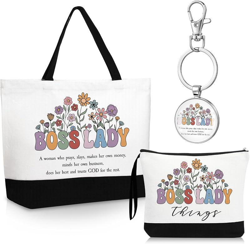 Kacctyen Conjunto Boss Lady com 3 Peças: Bolsa Tote, Necessaire e Chaveiro