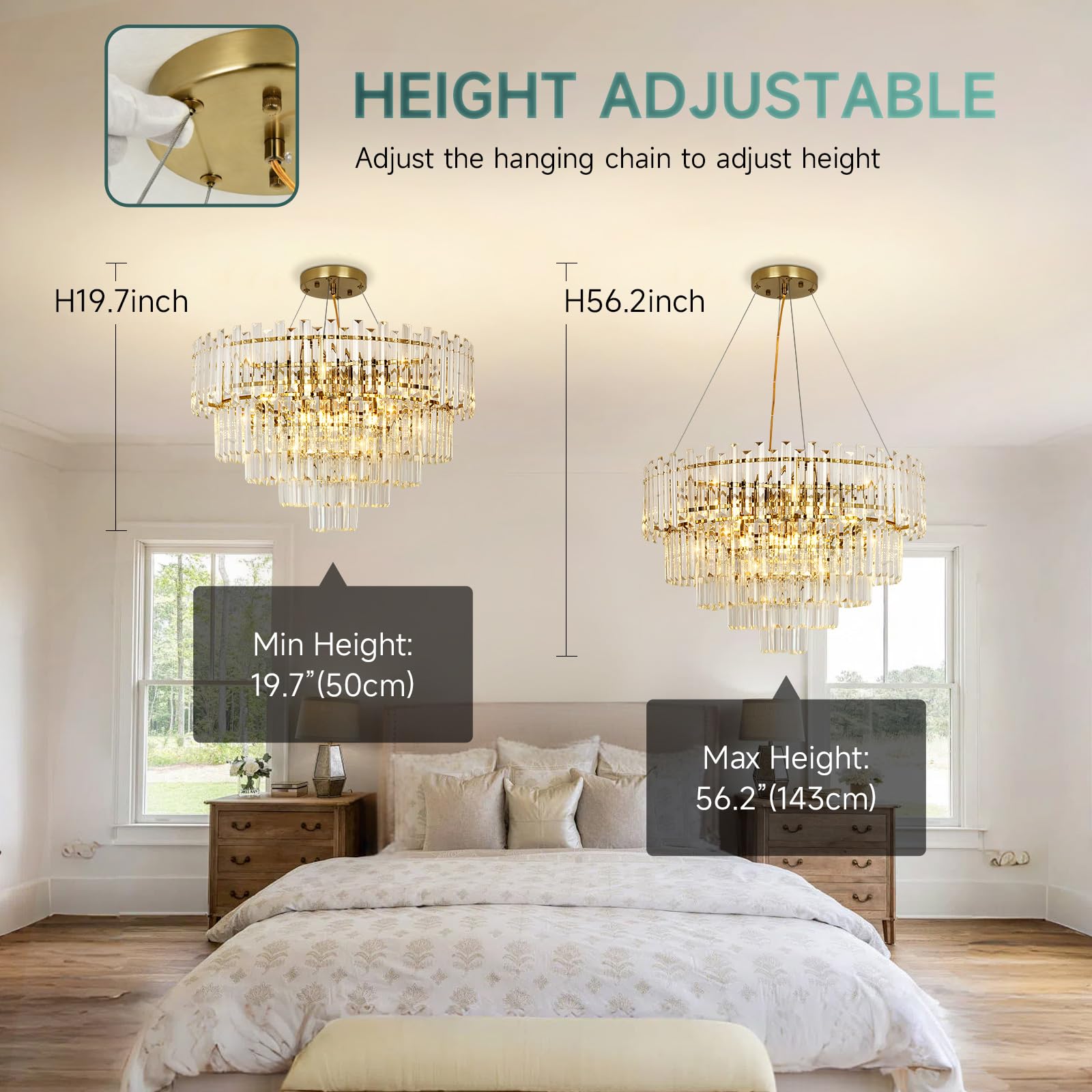 Moderne Gold Kristall Kronleuchter, Runde Pendelleuchte aus klarem Kristall für Esszimmer, Wohnzimmer, Schlafzimmer & Restaurant, E14 x 8, Φ60 cm