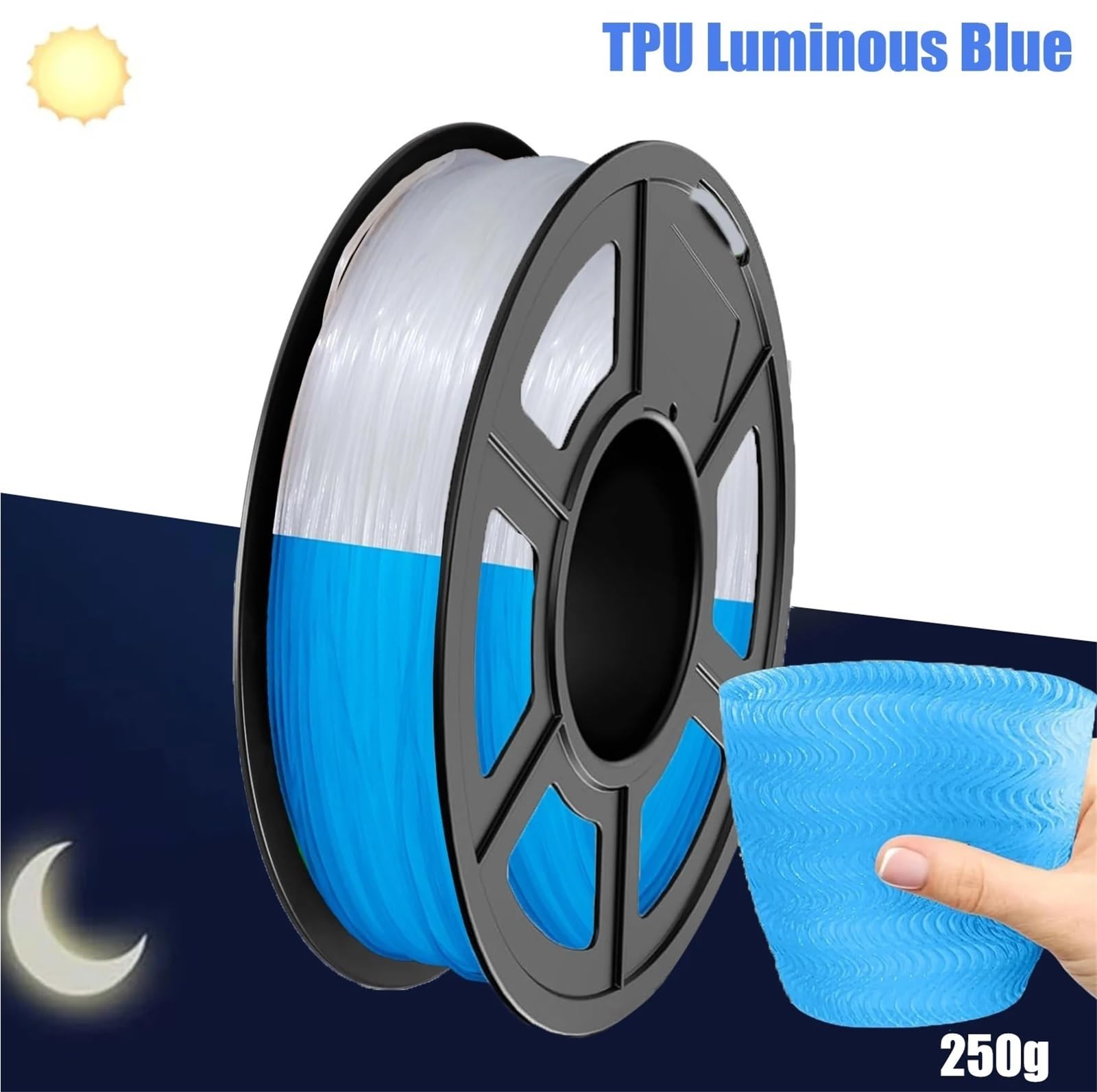 Filament D'imprimante 3D TPU Dégradé De Couleur 1,75 Mm, Filament Arc-en-ciel Flexible 95A, Change De Couleur(Glowing Blue 250g)