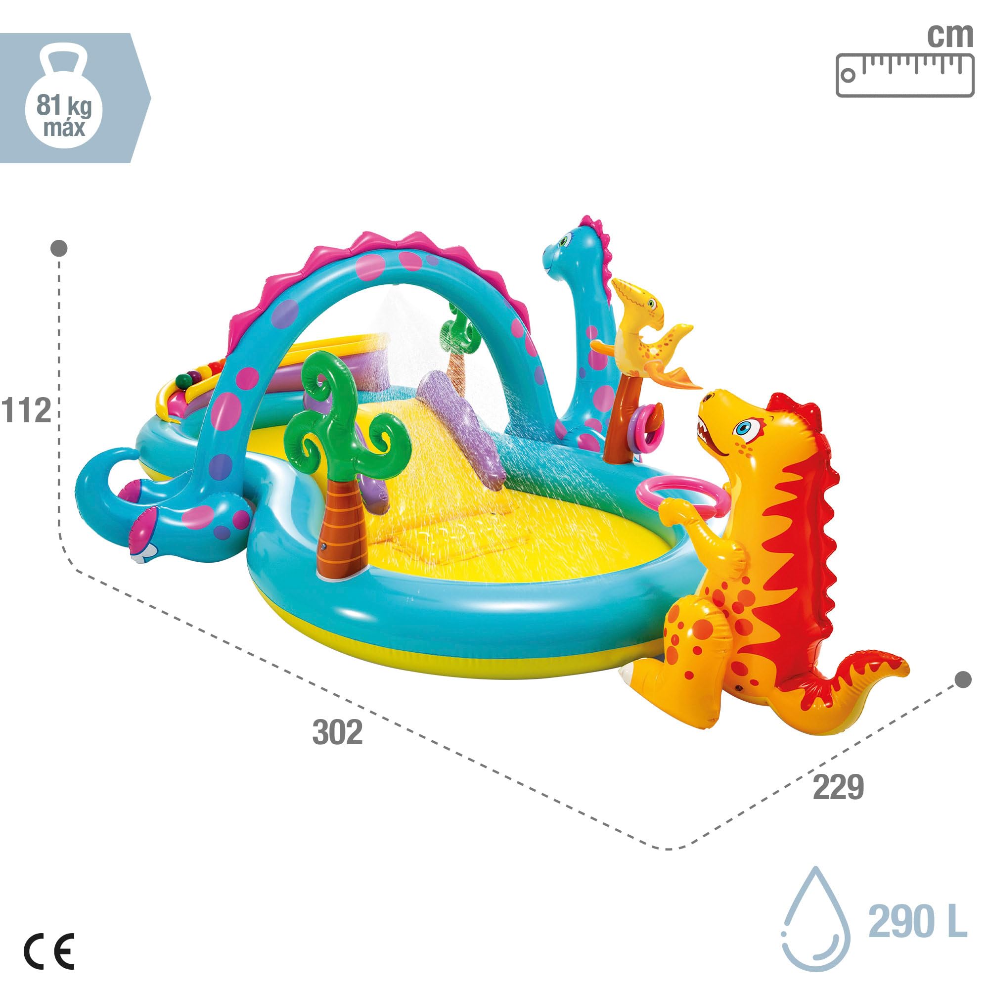 Intex Intex-57135NP Dinoland Play Center-Inflatable water play center, assorted model (with and without volcano), multi-colored, 333x229x112 cm-280 Liters (57135NP) in use
