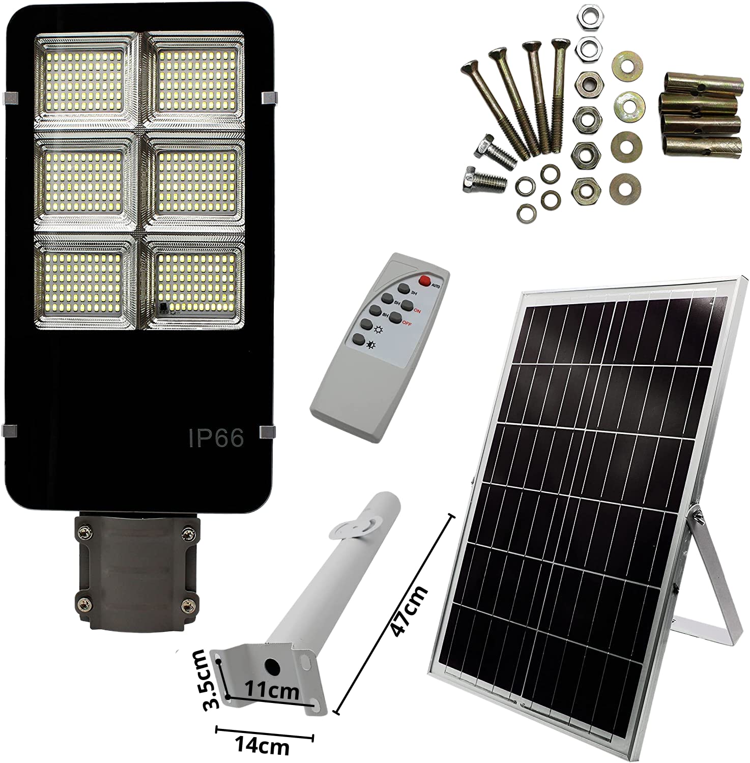 MAKA Lampione con Pannello Solare Monocristallino Led Esterno con Palo Telecomando Leds Impermeabile Ip66 Faro Luce Fredda 6500K 12 Ore Autonomia Sensore Crepuscolare Stradale Giardino (400W)