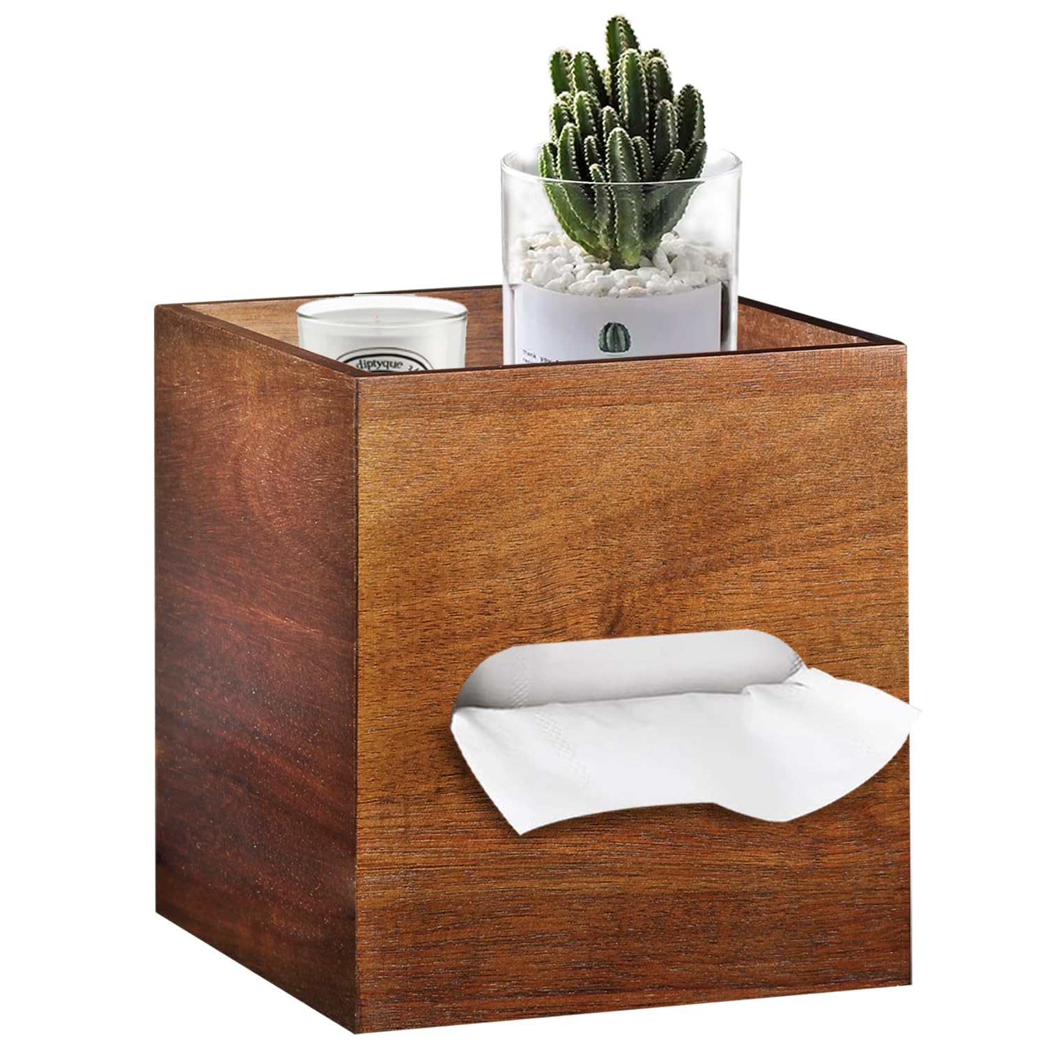 BIBELUN Square Tissue Box Cover with Storage Tray Acacia Wood Tissue Box Holder for Desktop Nightstand Bathroom Office