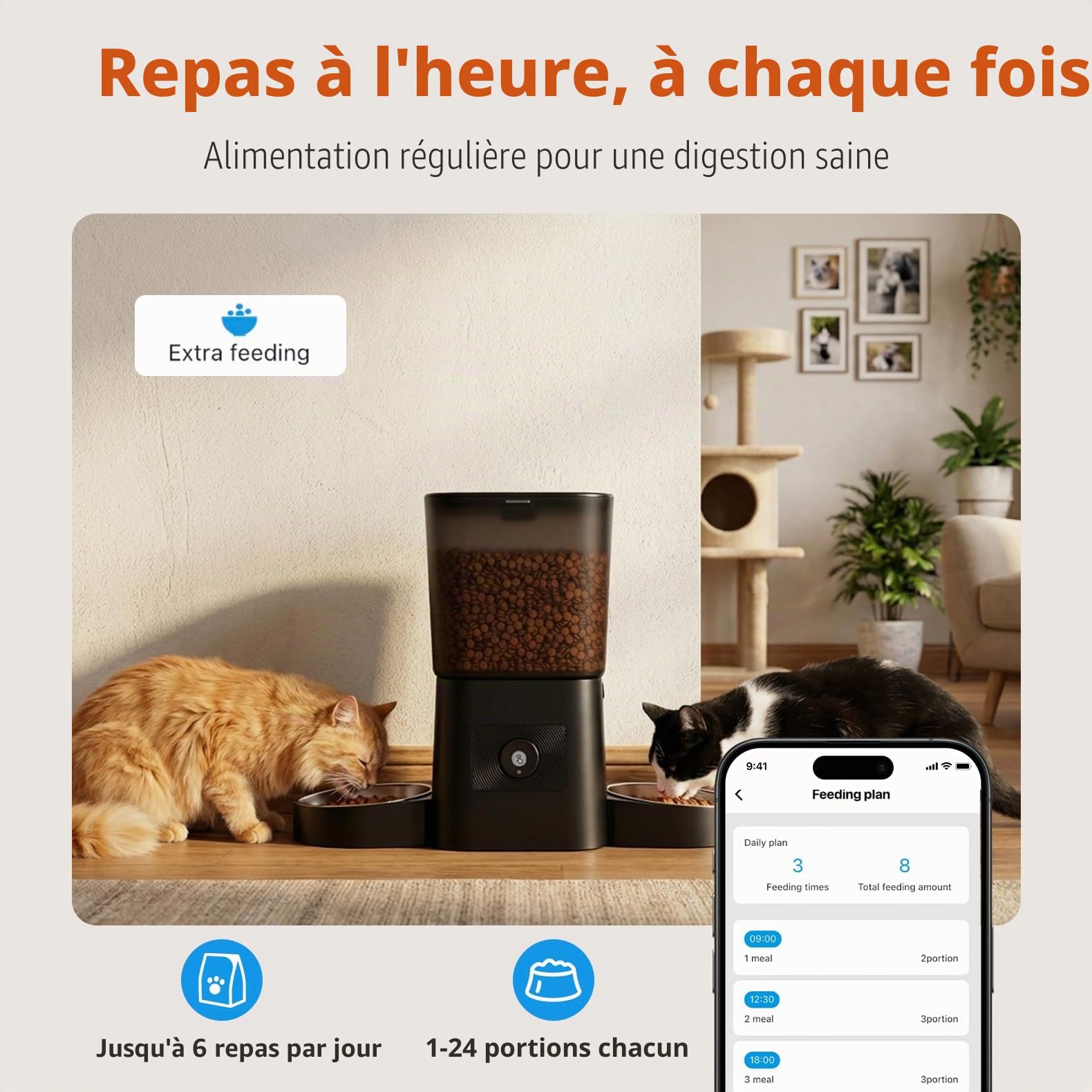 HoneyGuaridan Distributeur Croquettes Chat Automatique, 5G/2.4G WiFi Distributeur Automatique de Nourriture pour Chats/Chiens, Scellé pour Garder la Fraîcheur, 1 à 6 Repas/Jour