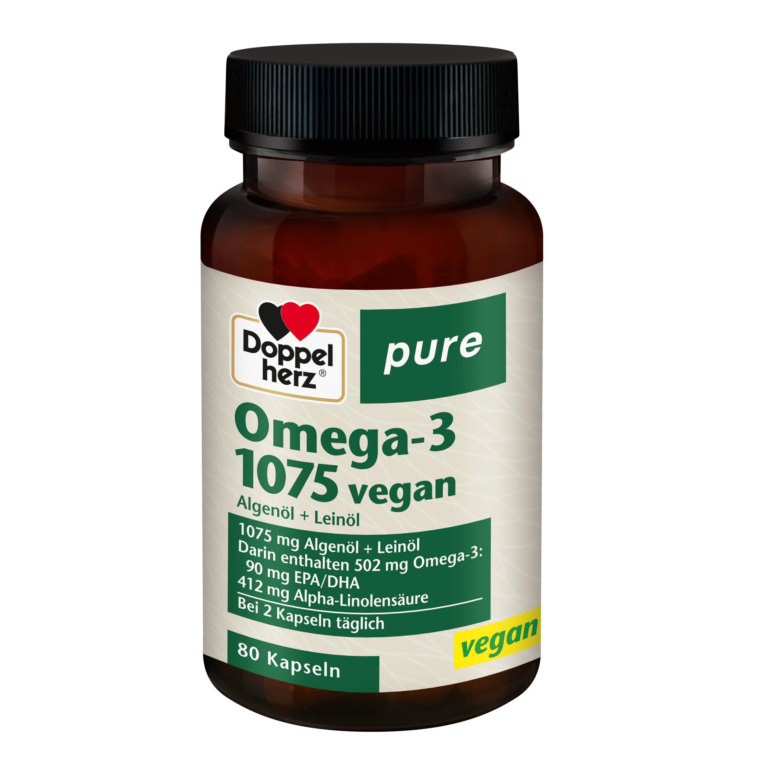 Doppelherz pure Omega-3 1075 vegan - Algenöl + Leinöl - Alpha-Linolensäure trägt zum Erhalt eines normalen Cholesterinspiegels bei - 80 Kapseln