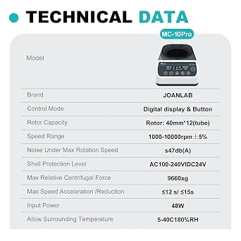 JOANLAB Digital 10000rpm High Speed Centrifuge Machine 12x40mm Glass Tube Microcentrifuges w/Over Temperature Protection