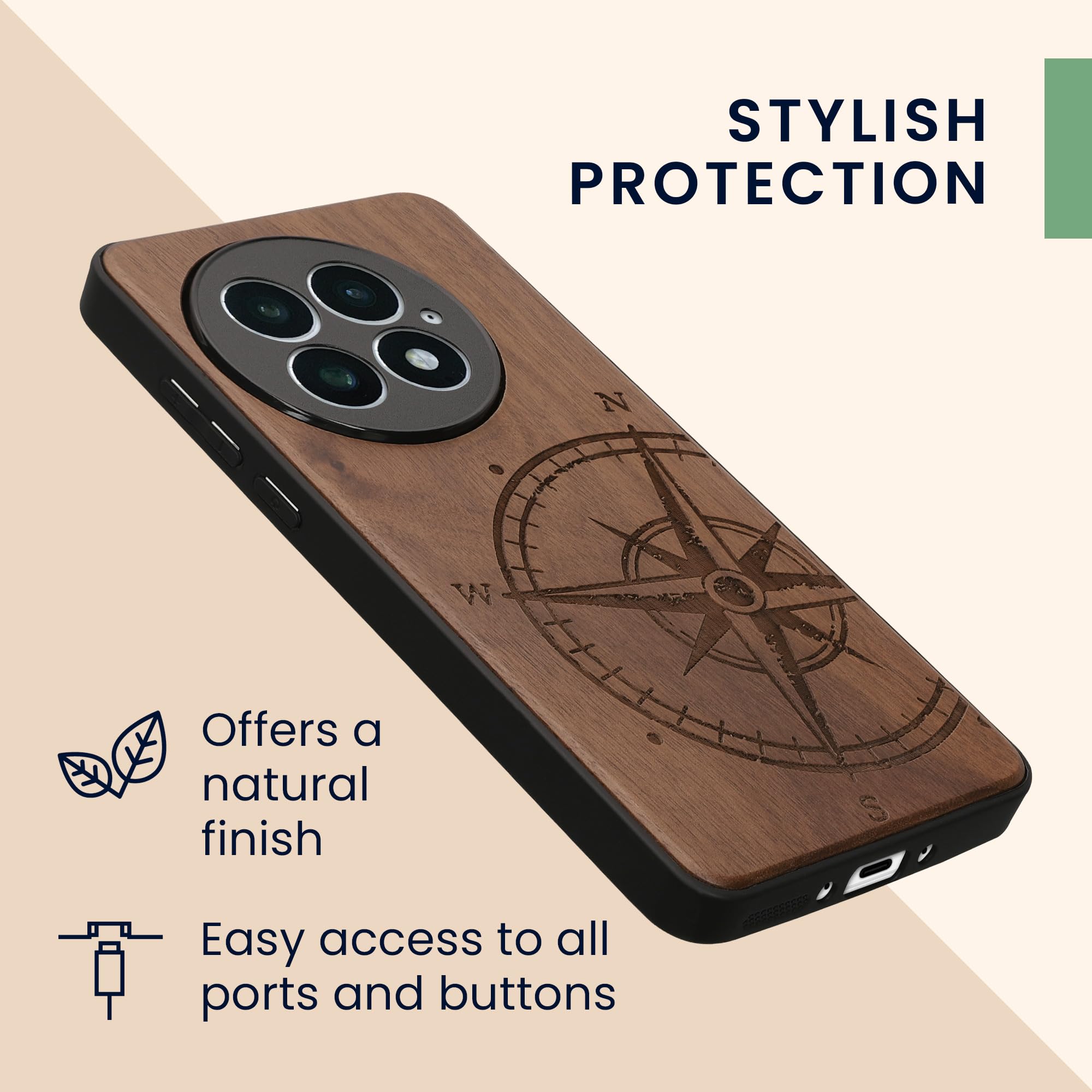 Kwnmobile Holz-Handyhülle Für Xiaomi 12/12X – Vintage Kompass Design Mit TPU-Schutzrahmen
