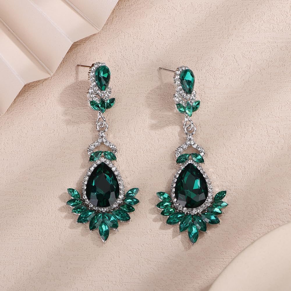 Octwine Women Statement Green Rhinestone Long Earrings Sparkly Rhinestones Chandelier Dangle Drop Earrings Bridal Wedding Party Prom Earrings Teardrop Dangle Earrings for Women - Image 2