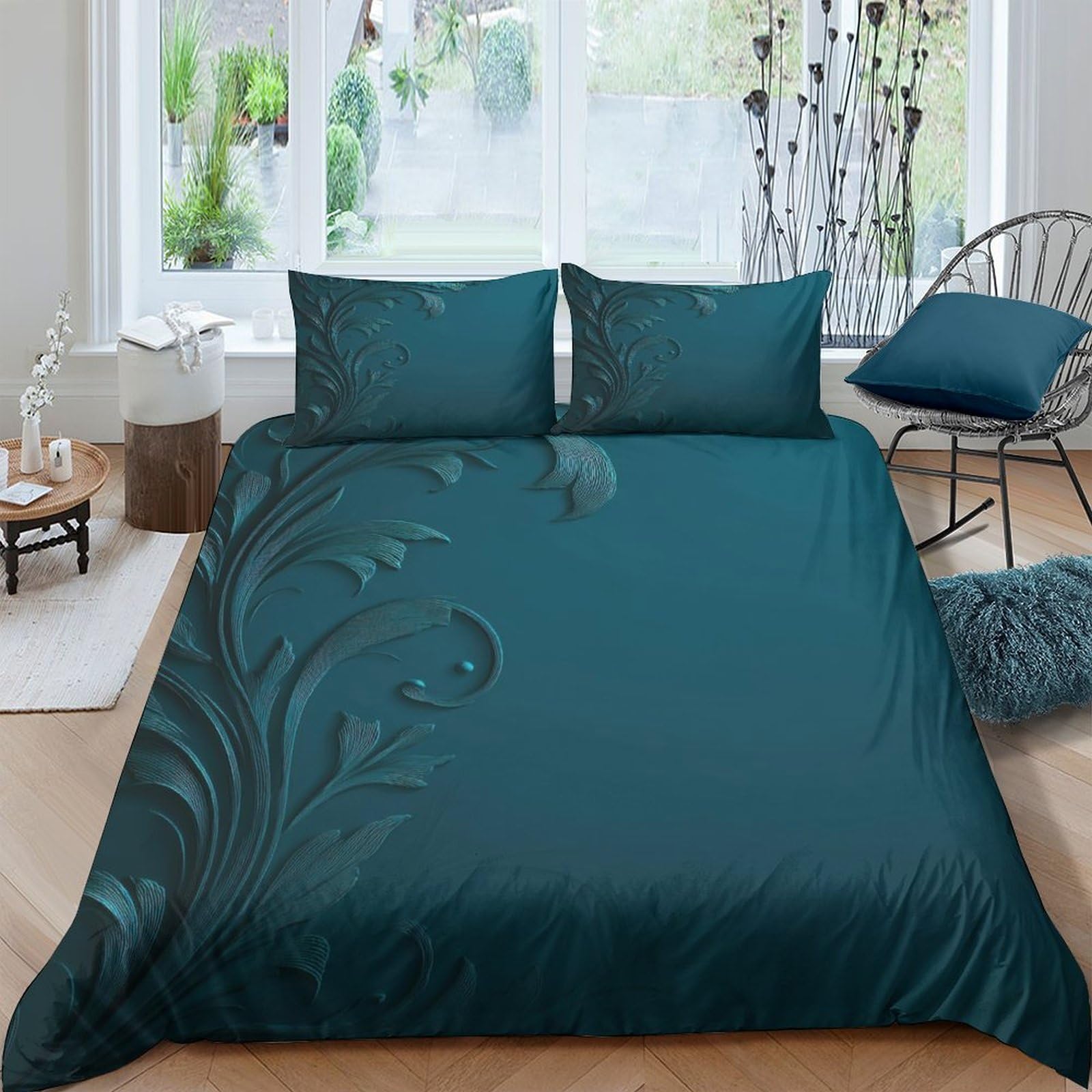 Ctjqhvkz Style-7 3D Printed Dark Teal Botanical Fitted Sheet Microfiber Soft Breathable Abstract Leaf Mattress Cover For Bedroom Guest Room Home Decor Single（135X200cm）