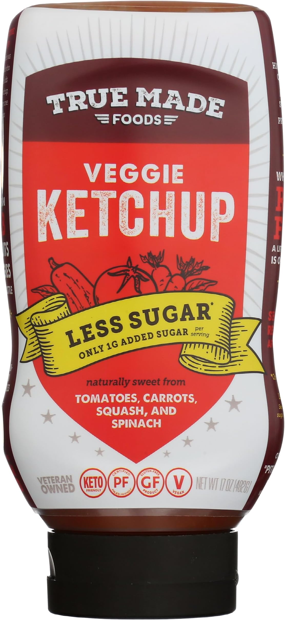 True Made Foods Vegetable Ketchup Inverted Plastic Squeeze, Paleo Friendly, Low Sugar, 17 oz