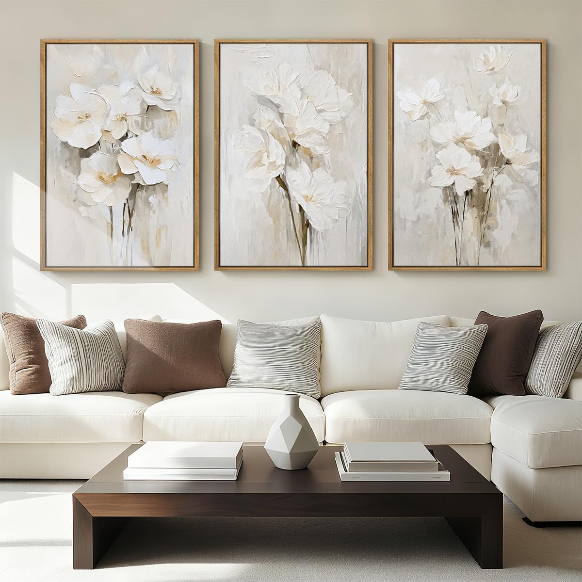 Anyzal Large Framed Beige Floral Wall Art Neutral Flower Wall Decor for Living Room Bedroom Dining Room 24x36 Inch Set of 3