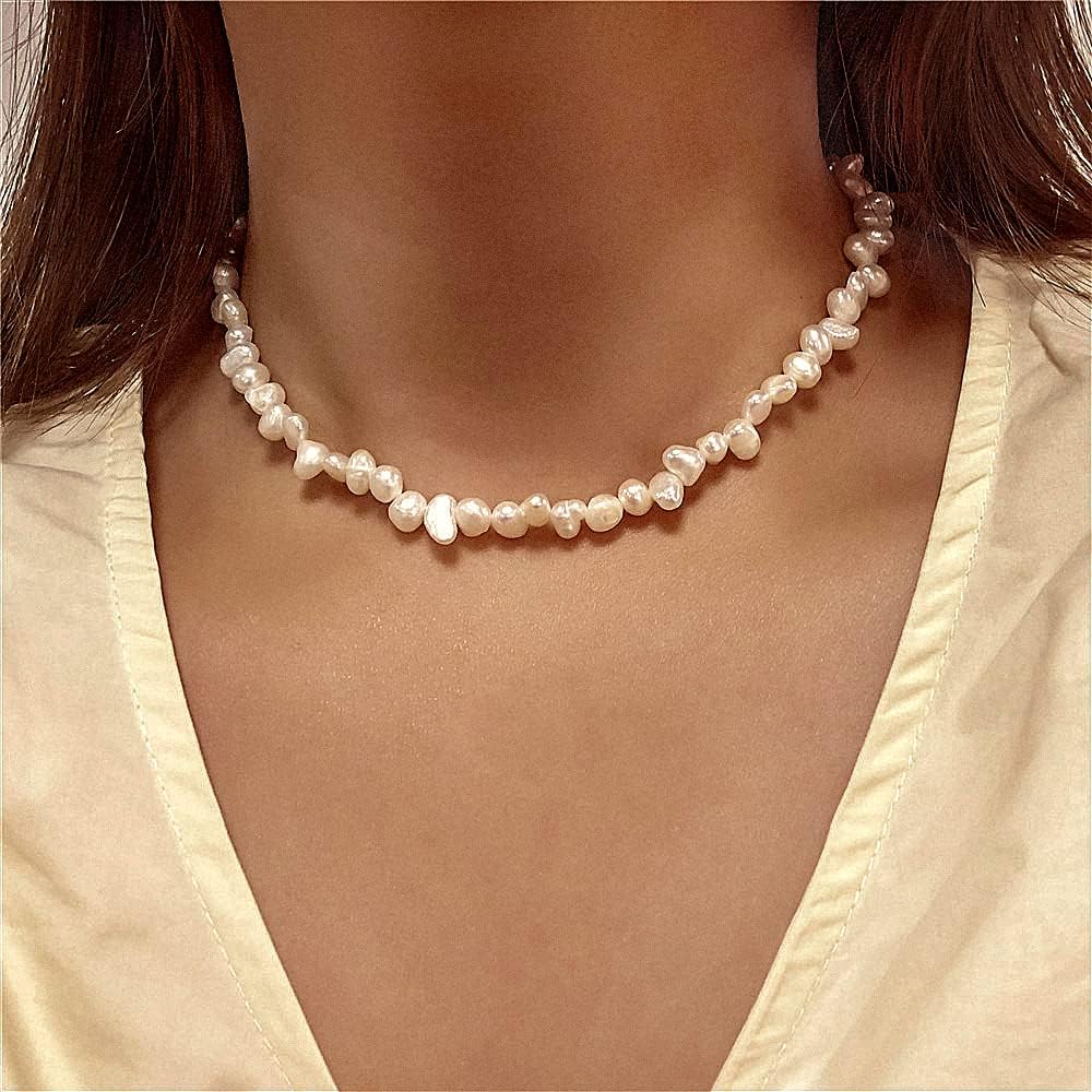 Natural Freshwater 5-10mm Baroque Pearsl Choker Necklace for Women White Pearl Beaded Necklace Strand Elegant Summer Layering Jewelry for Wedding Bride Bridesmaids Gift 16" Princess Length - Image 2