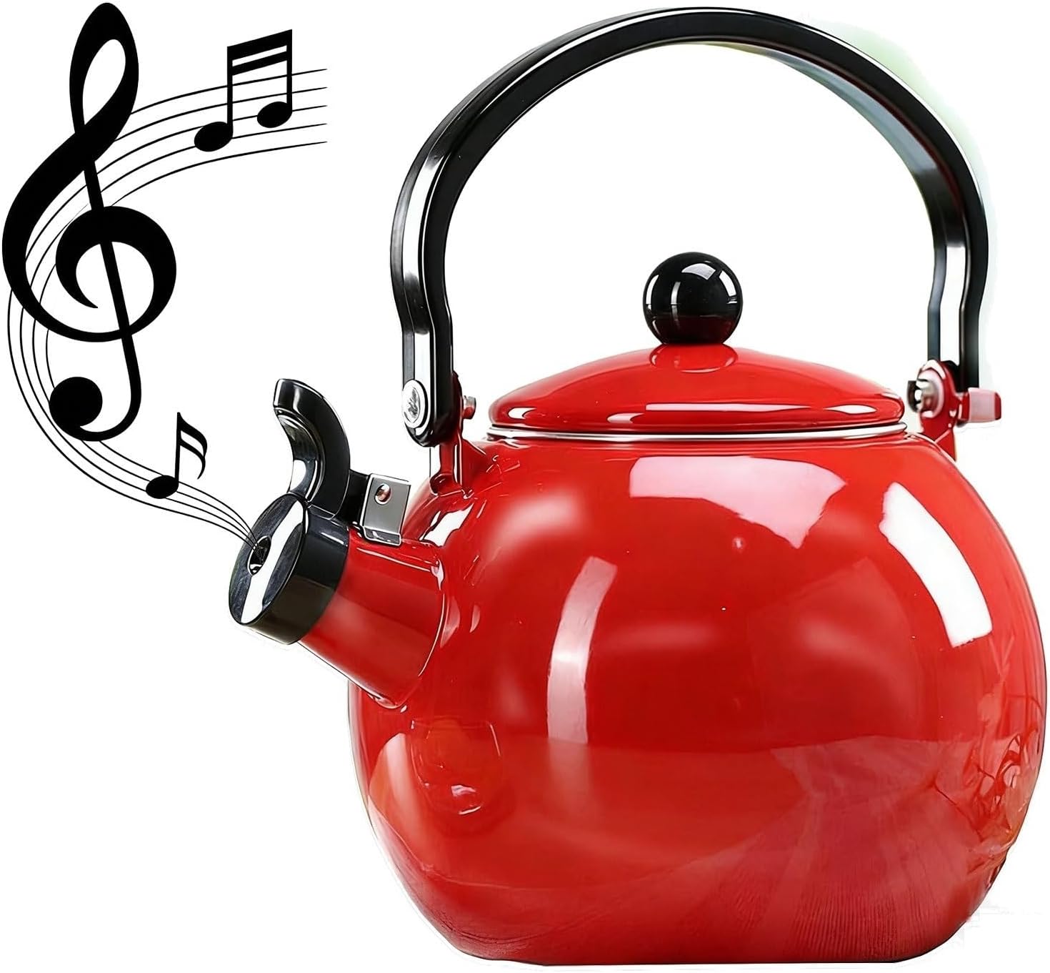 White/Red Enamel on Steel Whistling Tea Kettle, Cute Kitchen Teapot for Stovetop, 2L(Red)