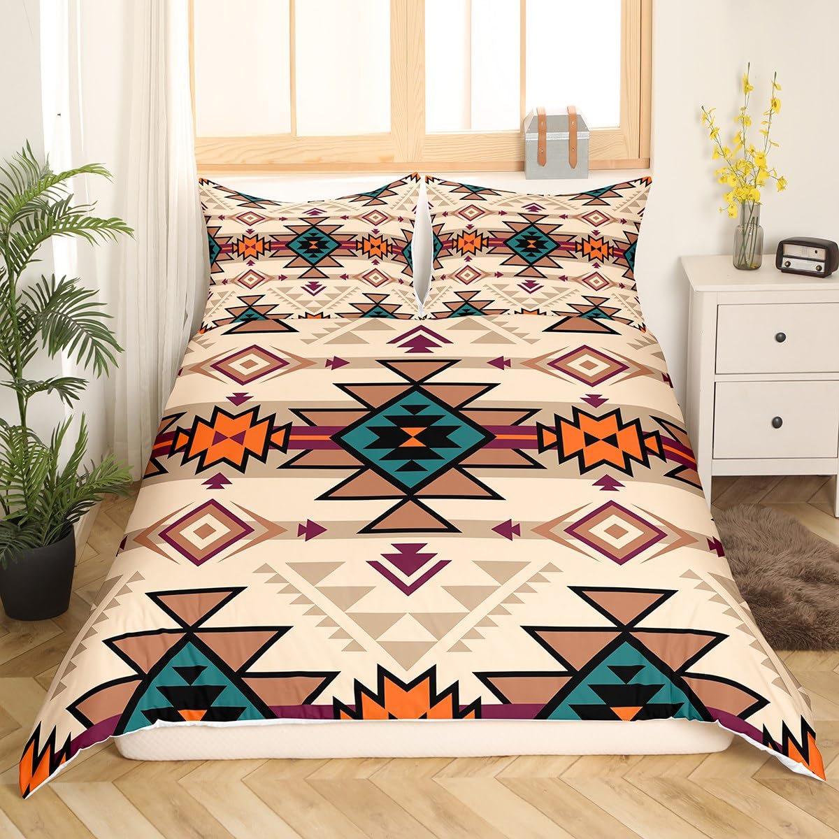 Set di biancheria da letto con copripiumino in cotone 100% con motivo geometrico tribale occidentale, per camera da letto, stile esotico, marrone, copriletto in stile esotico, colore: marrone