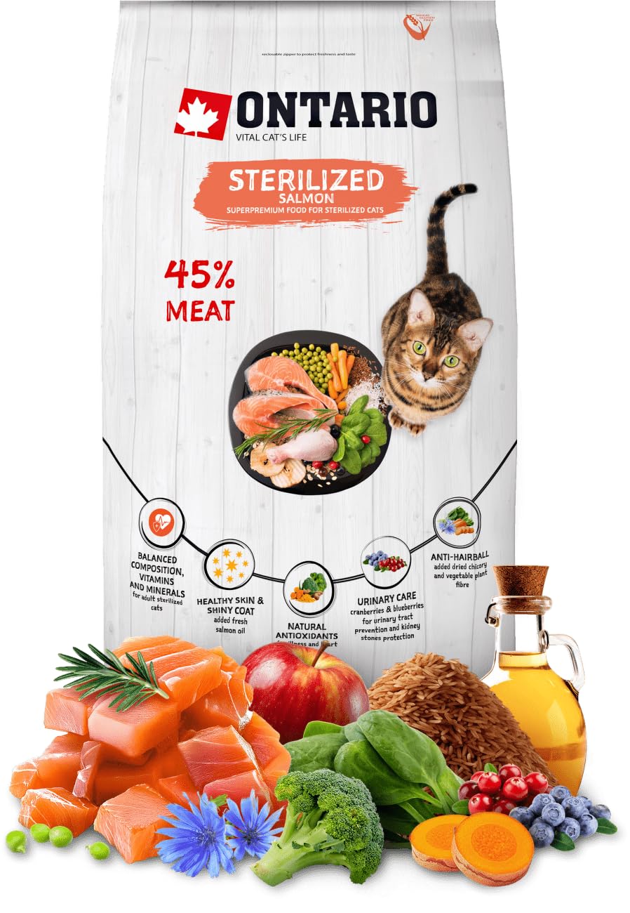 Ontario Cat Sterilized Salmon, Karma dla Kotów Wykastrowanych, Łosoś i Kurczak, 6.5kg, Super Premium, Sucha, dla Dorosłych Kotów 1-7 Lat
