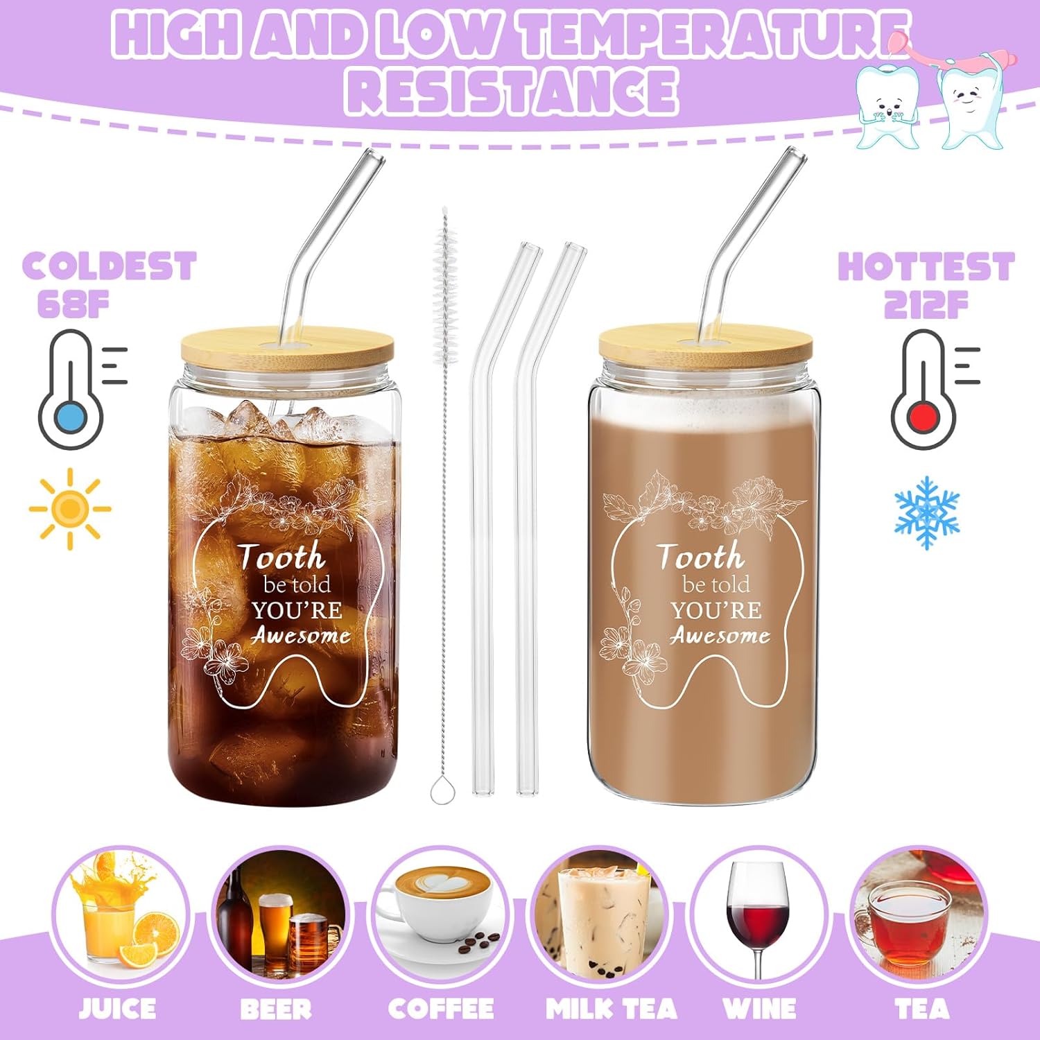 Pickmesh 6 Pcs Dental Gifts Nurse Assistant Hygienist Gifts 16 oz Glass Cups with Lid Makeup Bag Smiling Tooth Shape Felt Badge Holder Ceramic Pen Toothbrush Pot for Women Coworkers(Purple) - Image 4