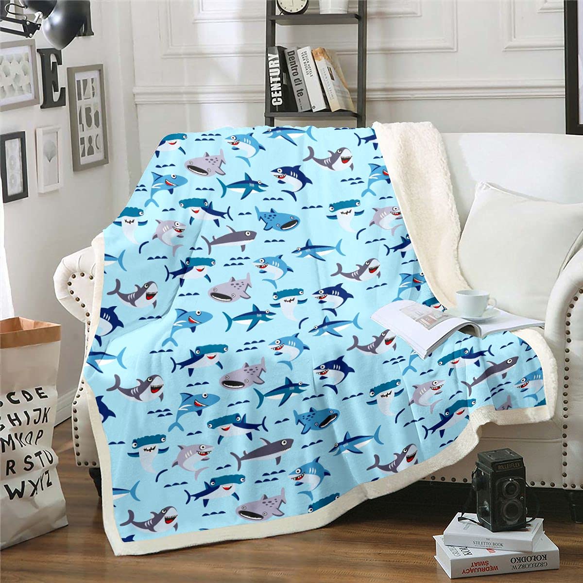 Couverture polaire requin isolante et pelucheuse grand lit double anti-pilling