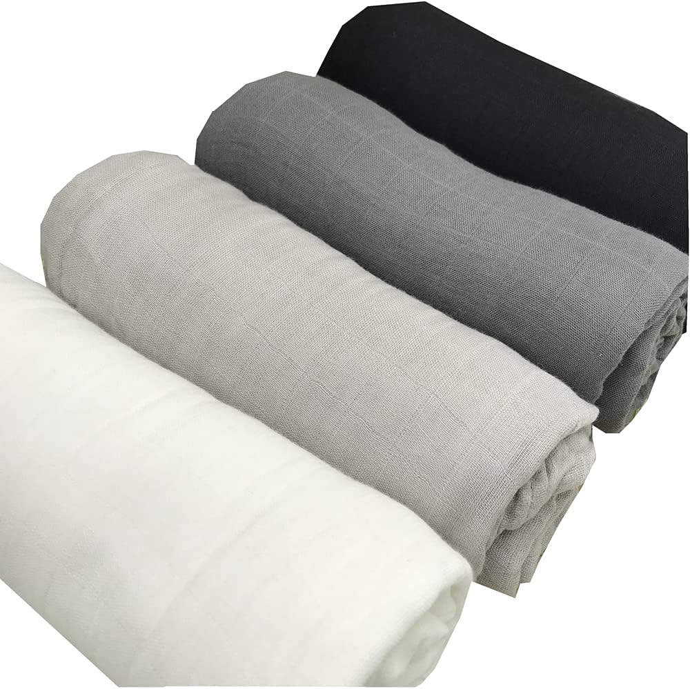 4 Pack Organic Cotton Muslin Swaddle Blankets|Premium Receiving Blanket|for Newborn Baby Gift White/Black/Beige/Grey (Solid Color 5)