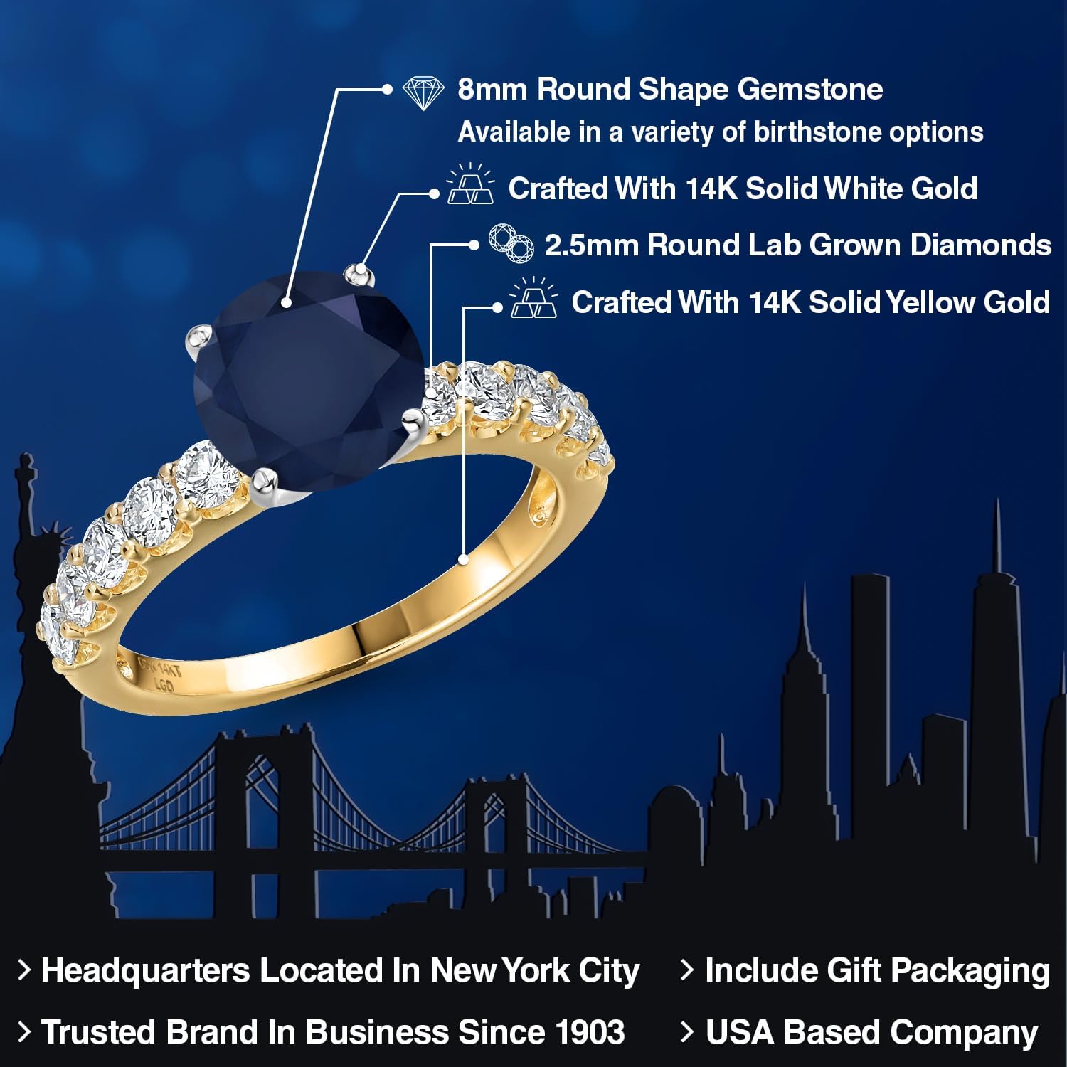 Gem Stone King 14K 2 Tone Gold Blue Sapphire and Lab Grown Diamond Engagement Ring For Women | 3.11 Cttw | Round 8MM | Gemstone September Birthstone - Image 2