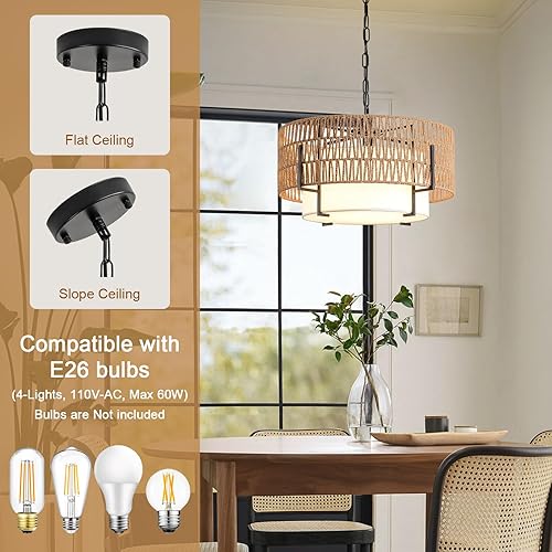 Miniatura 4 de Candelabro de ratán bohemio, lámpara colgante de ratán de 19.7 pulgadas con pantalla de tela, lámpara de techo estilo granja de 4 luces con