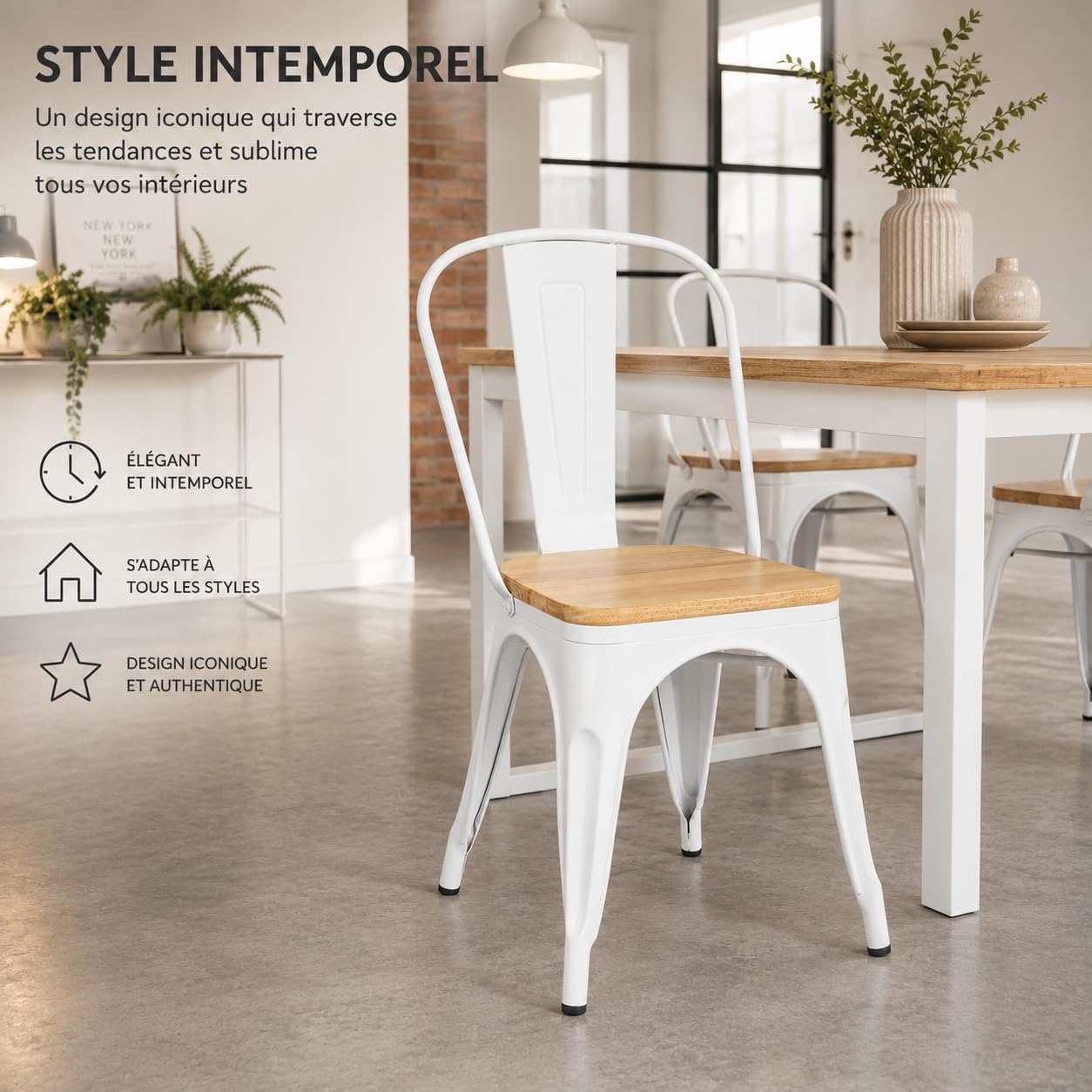 Kosmi Chaise Industrielle Blanche Métal et Bois – Style Factory Vintage – Assise Bois Naturel – Chaise de Salle à Manger, Cuisine, Restaurant, Café – Empilable – Robuste et Confortable