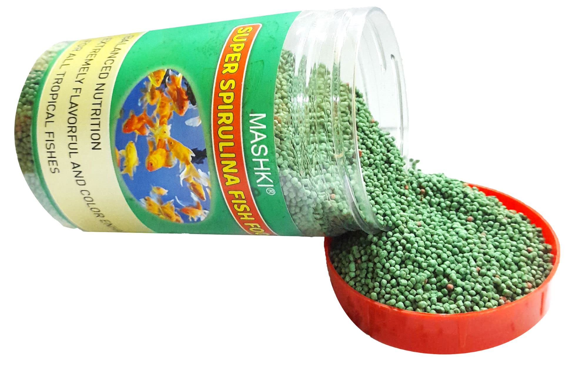 MASHKI Super Spirulina Fish Pellet Food For All Tropical Fish And Aquarium Fish For Growth Color&Health Enhancing Formula For All Stages Of Fish (Seafood) Fish Food For Aquarium,Young Adult,1 Count