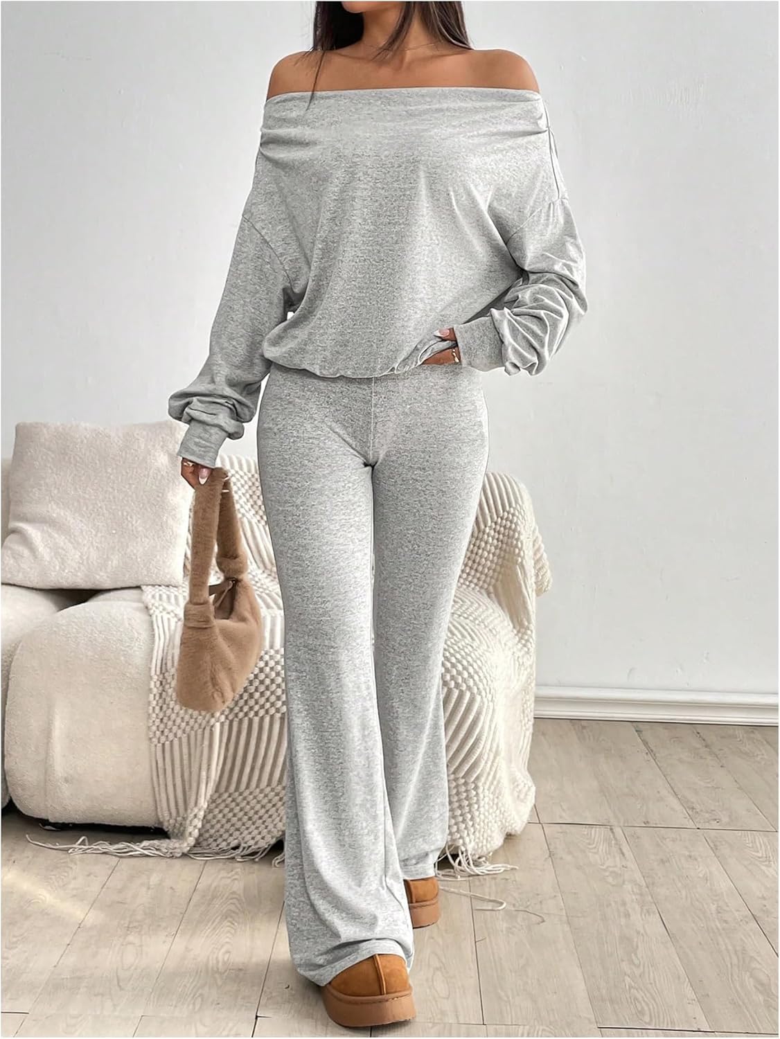 WDIRARA Women's 2 Piece Outfits Long Sleeve Off Shoulder Tee Drawstring Flared Pants Set - Image 2