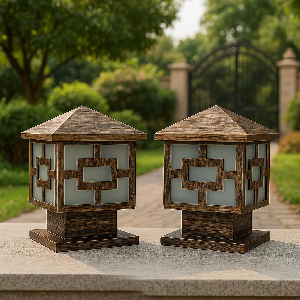 Weldecor Outdoor Main Gate/Post/Pole/Piller Mount Lights/Lamps, Geometric Pattern Frosted Glass, Antique Colour Home gate Light Set of 2-picture-22