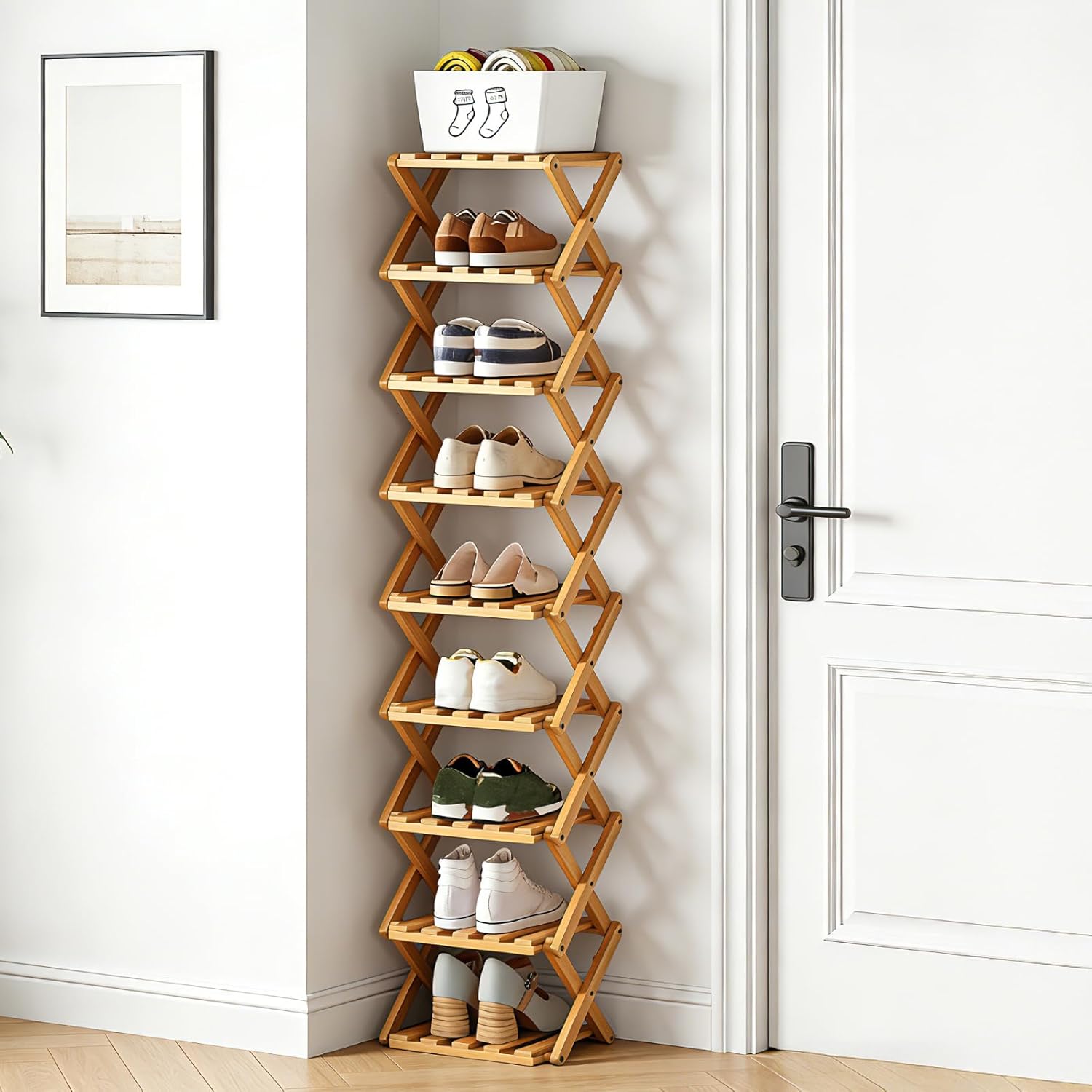 9 Tier Bamboo Shoe Rack: Narrow Foldable Shoe Organizer for Entryway Closet Small Spaces, Vertical Space Saving Shoe Storage Shelf (Wood, 9)