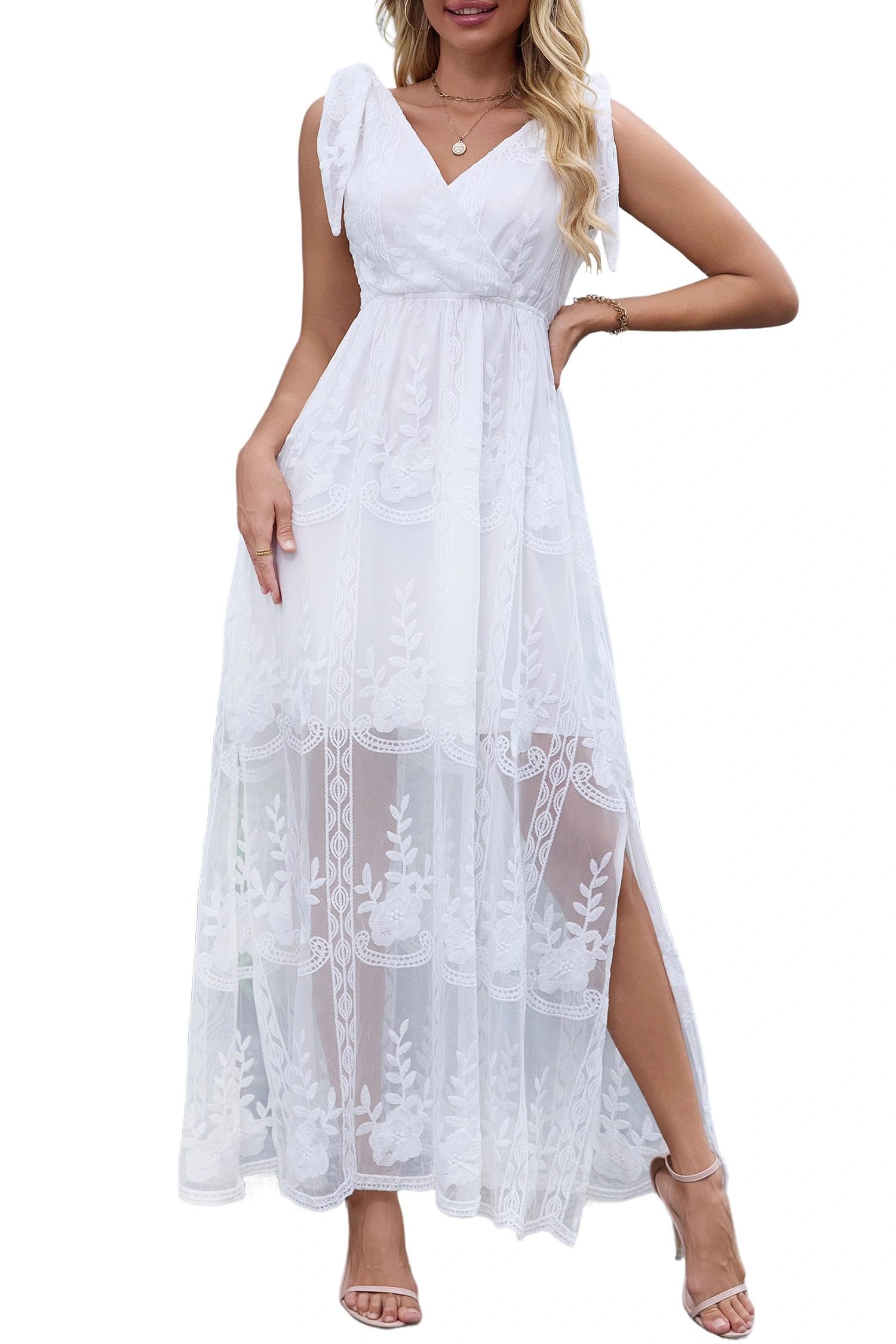MERMAID'S CLOSET Robe Longue Maxi à Dentelle Fleurie sans Manches (décolleté en V) pour Femme, Style bohème, Fluide, pour invité de Mariage, Occasion Formelle, fête, Printemps