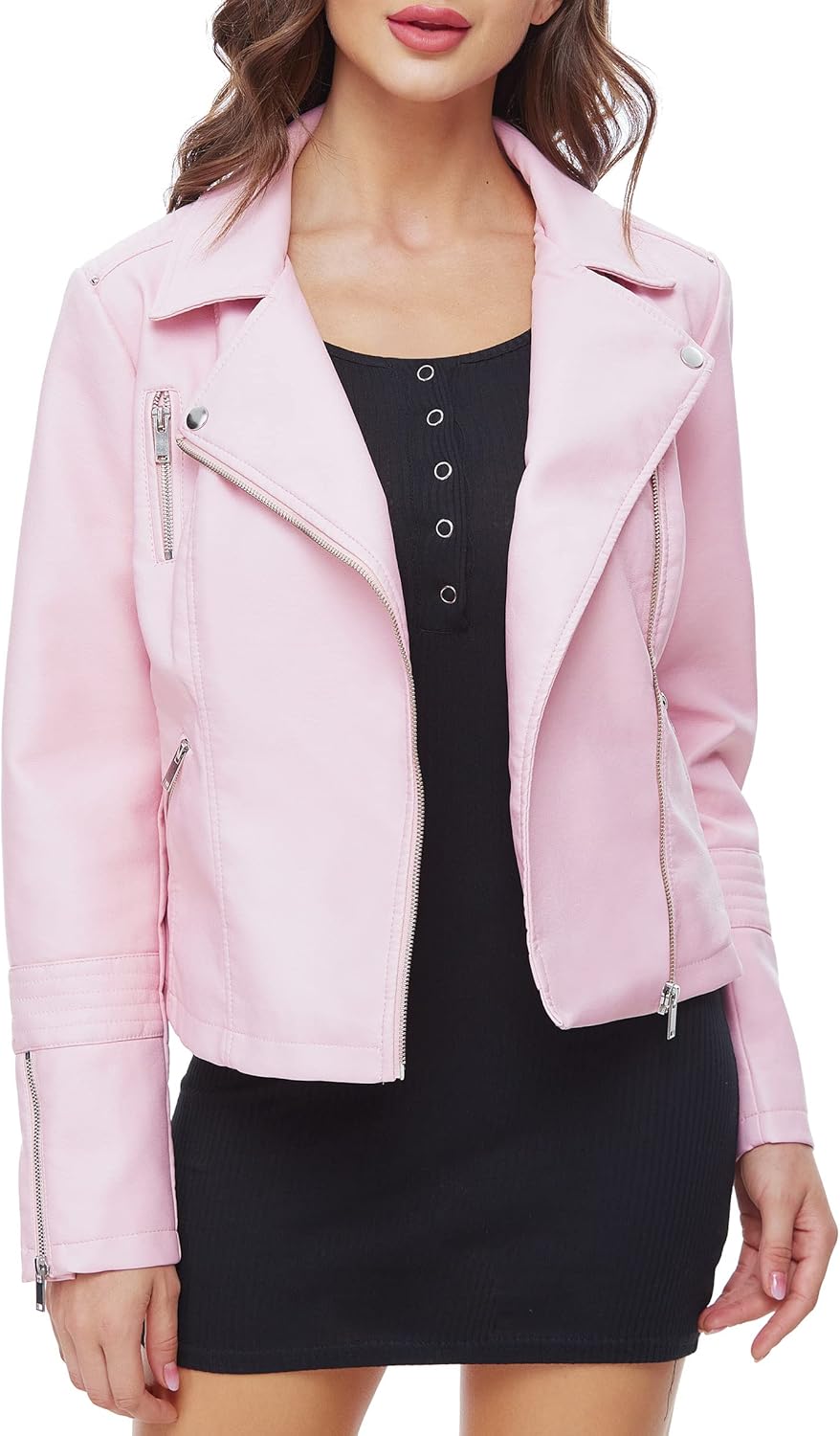 Fahsyee Faux Leather Jacket for Women, Vegan Jackets Moto Biker Motocycle Coat