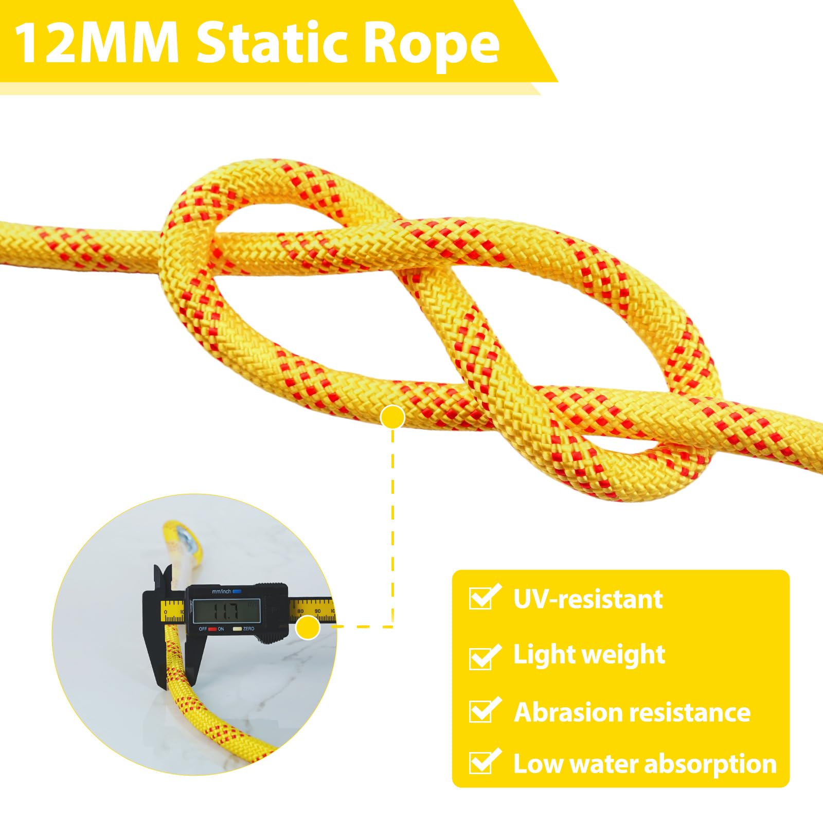 Cuerda de escalada estática de 12 mm para adultos, 10 m (32 t) 20 m (65 pies) 30 m (95 pies) cuerda de escalada de árboles al aire libre para senderismo, arborista, columpio, cuerda de rescate
