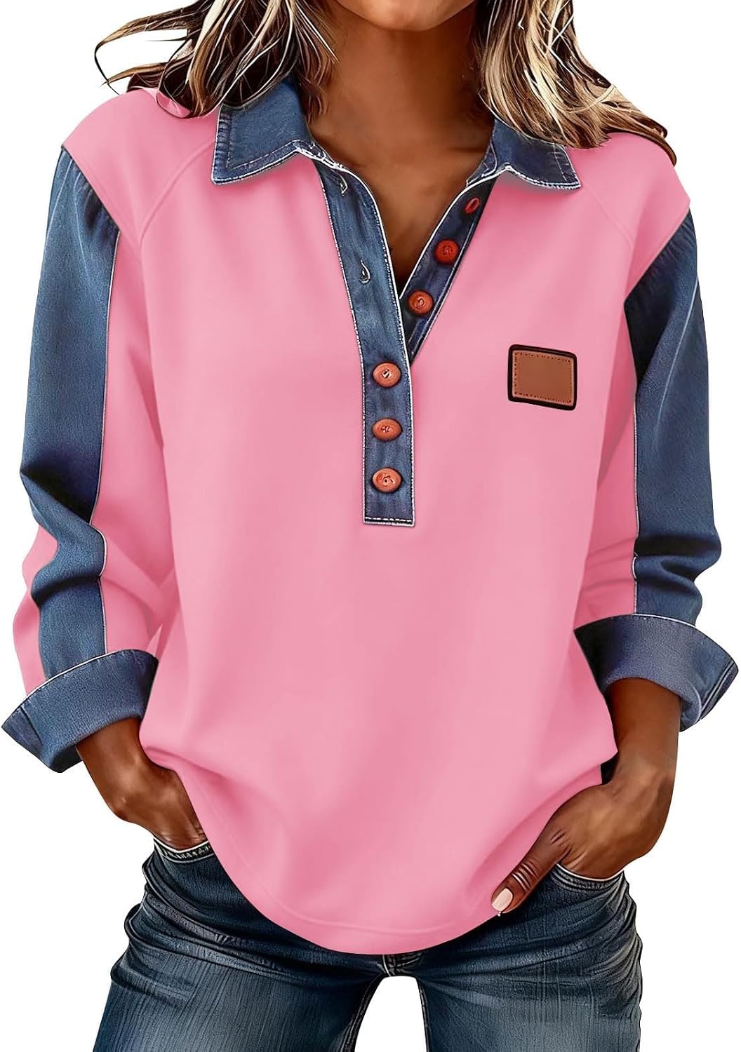 Denim Tops for Women Long Sleeve 2026 Trendy Casual Jean Patchwork Stylish V Neck Collar Button Down Shirts Pullover