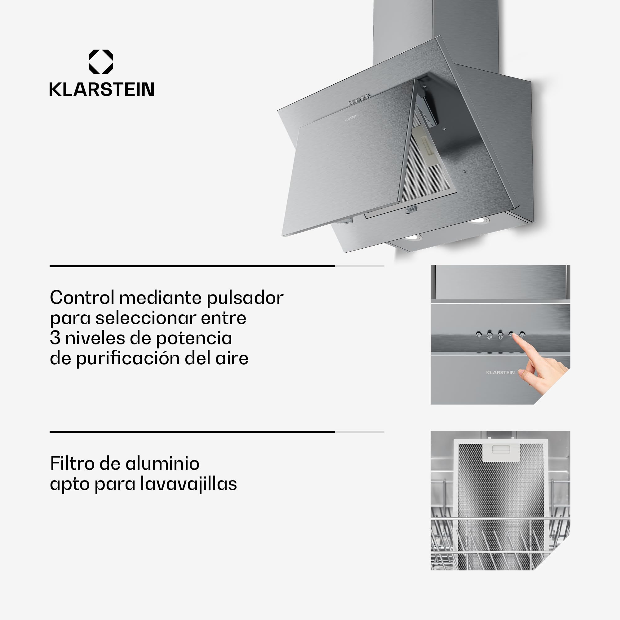 Klarstein Athena Campana Extractora 60 cm - Angular, 254 m³/h, A+++, LED, 3 Velocidades, Filtro Carbón, Recirculación & Extracción, Campana Extractora Decorativa Cocina, Acero inoxidable