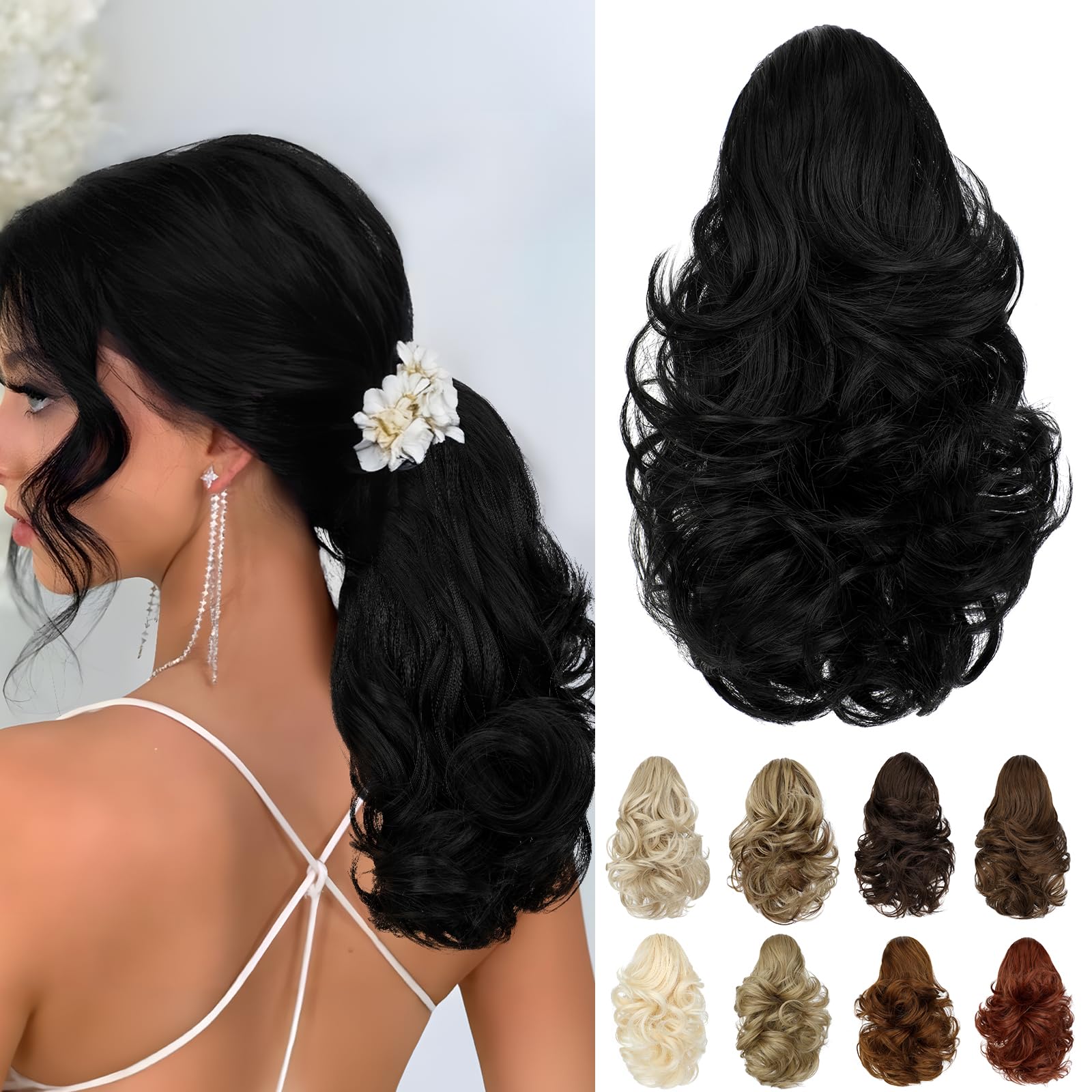Cephermer Ponytail Extension 10" Claw Clip Short Wavy Pony Tails Dark Black Natural Looking Synthetic Hairpiece for Women