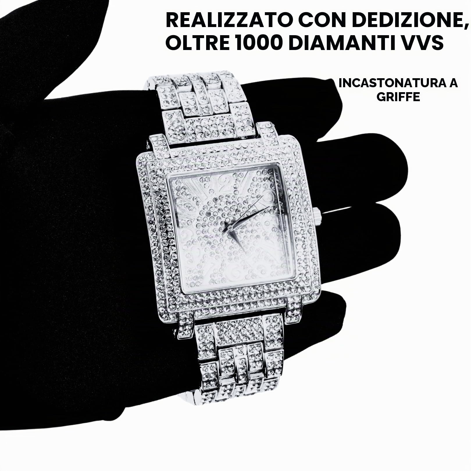 HALUKAKAH Moissanite Orologio in Oro con Diamanti per Uomo,Lusso Placcato in Vero Oro 18k/Oro Bianco Platino,Quadrante Quadrato Extra Grande con Numeri Artistici,Polsino 24cm,con Scatola Regalo