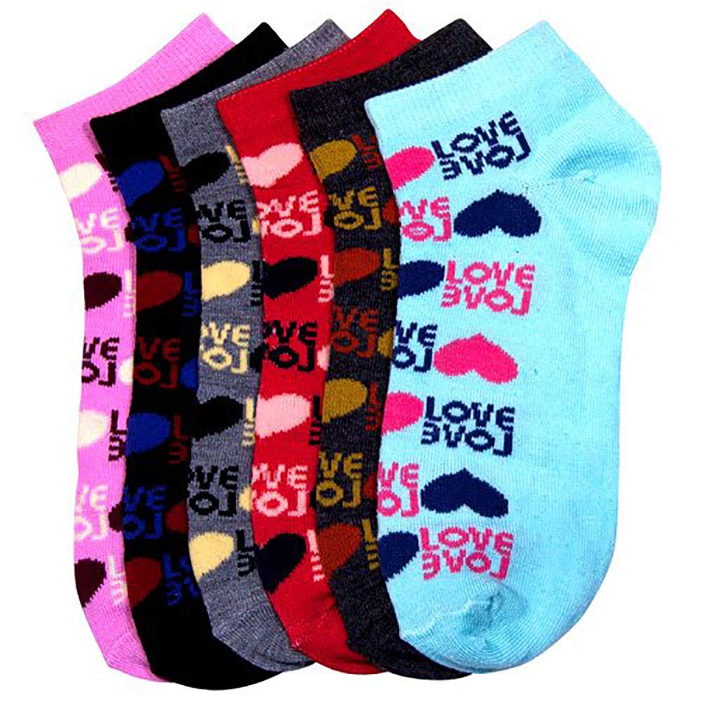 HS Women Ankle Socks Love Heart Pattern (size 9-11) 6 Colors 6 Pairs