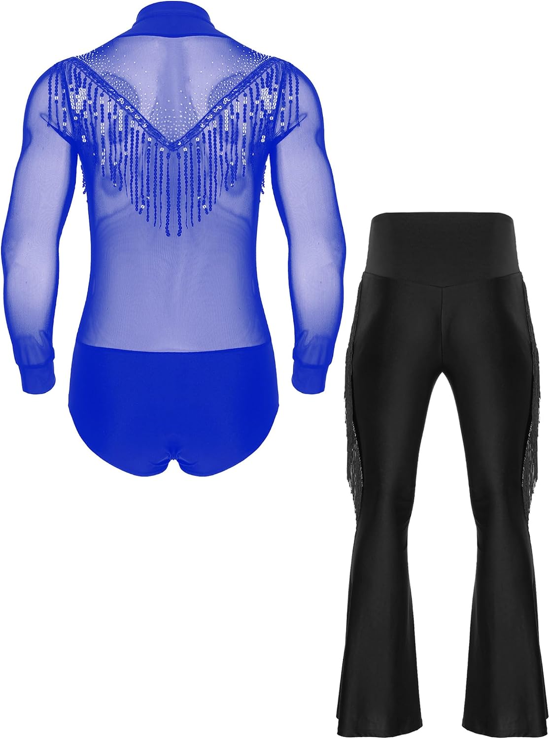 Men's Latin Jazz Ballroom Dance Costume V Neck Sheer Mesh Bodysuit Tops with Fringe Flared Pants