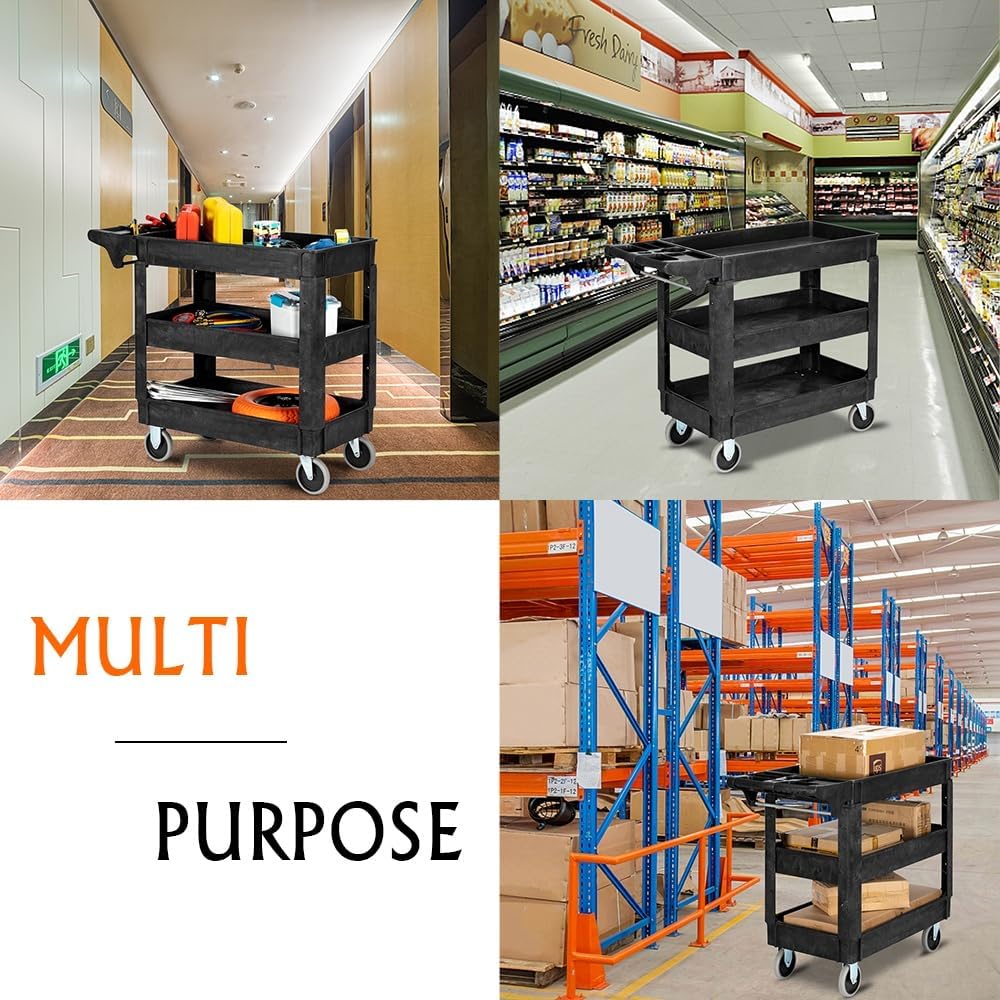 3-Shelf Plastic Service Utility Cart, Steady & Durable Tub Cart with Deep Shelves, Large Capacity, Multi-Function Handle Storage and 360°Flexible Wheels with Braker, Great for Warehouse/Garage